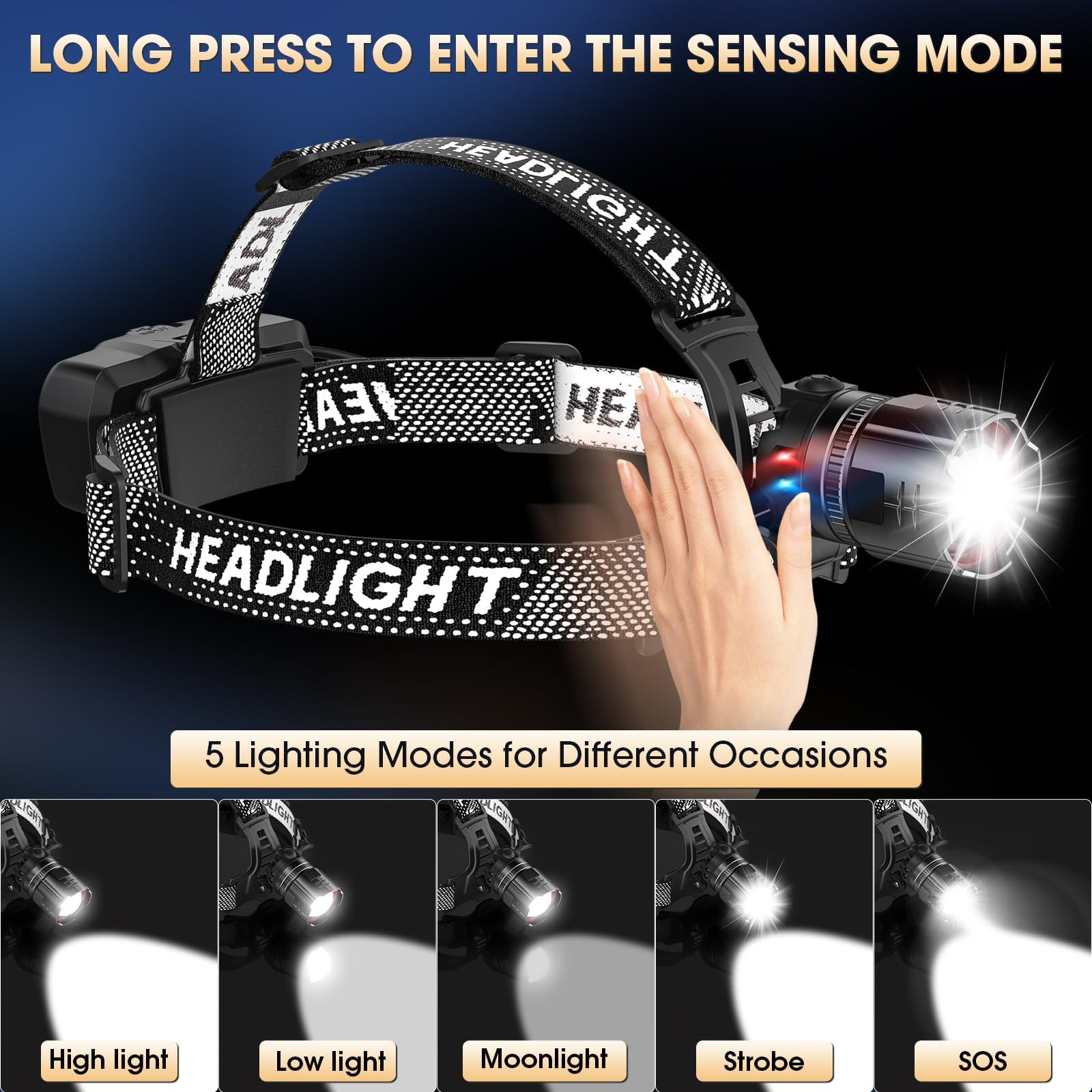 AdamStar Linterna frontal recargable, paquete de 2 faros profesionales de 120000 lm, luz LED superbrillante con luz de advertencia roja, 5 modos, sensor de movimiento ajustable de 90°, zoom para