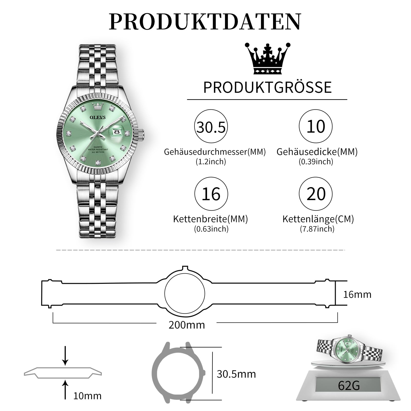 OLEVS Armbanduhr Damen,Elegante Edelstahl Damen Kleines Handgelenk Uhren mit Datum,Wasserdicht Diamant Damenuhr