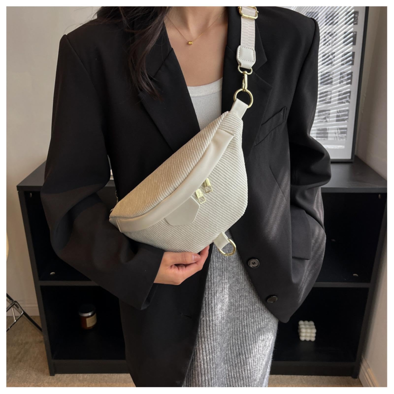 Sac banane femme sac banane en velours côtelé et sac de téléphone à la mode dames bandoulière poitrine sacs dame taille sac, Sac banane blanc