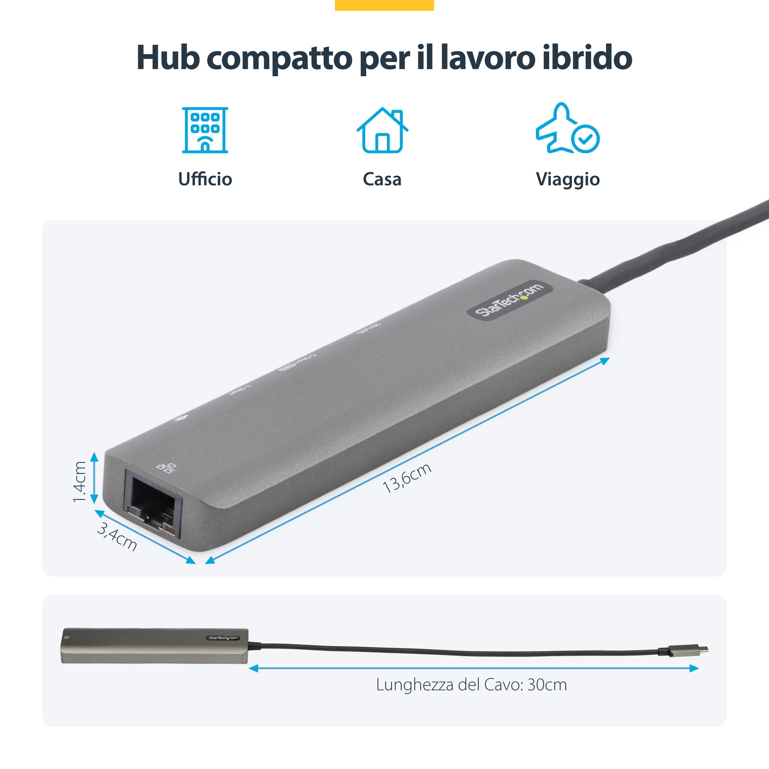 StarTech Mini Dock USB-C 7-in-1 HDMI 4K 60Hz, GbE, 2x USB 5Gbps, 100W PD | Hub USB 5Gbps, Cavo extra-lungo, Plug and play