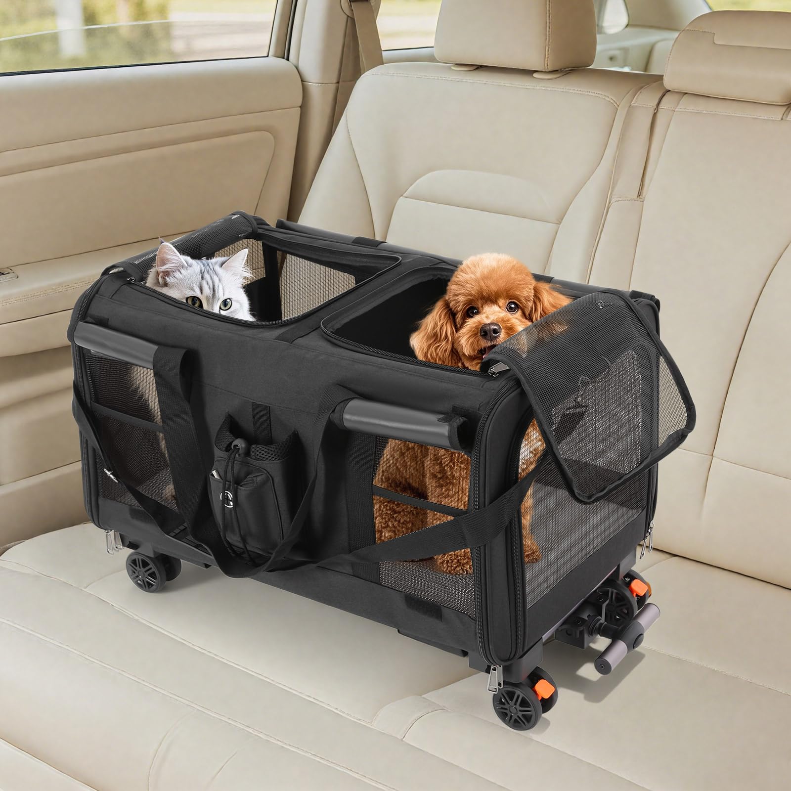 Sac de transport pour chat avec deux compartiments et roulettes, pliable et amovible, pour 2 chats, idéal pour les voyages (noir)