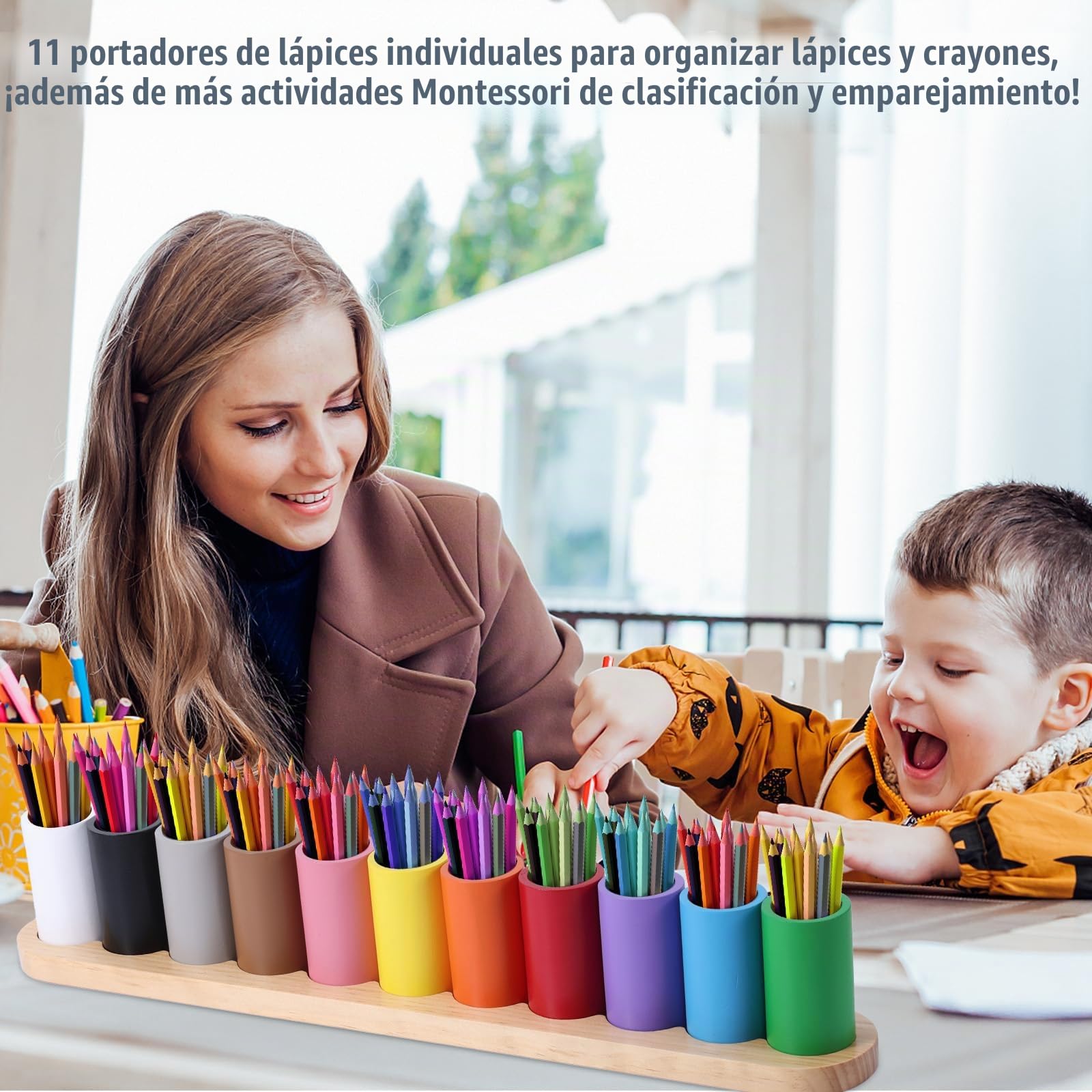 Portalápices de Madera de Colores, Organizador de Crayones Montessori 11 Compartimentos Móviles Soporte para Vasos Bolígrafos Soporte para Marcadores para Niños Oficina Escuela Suministros