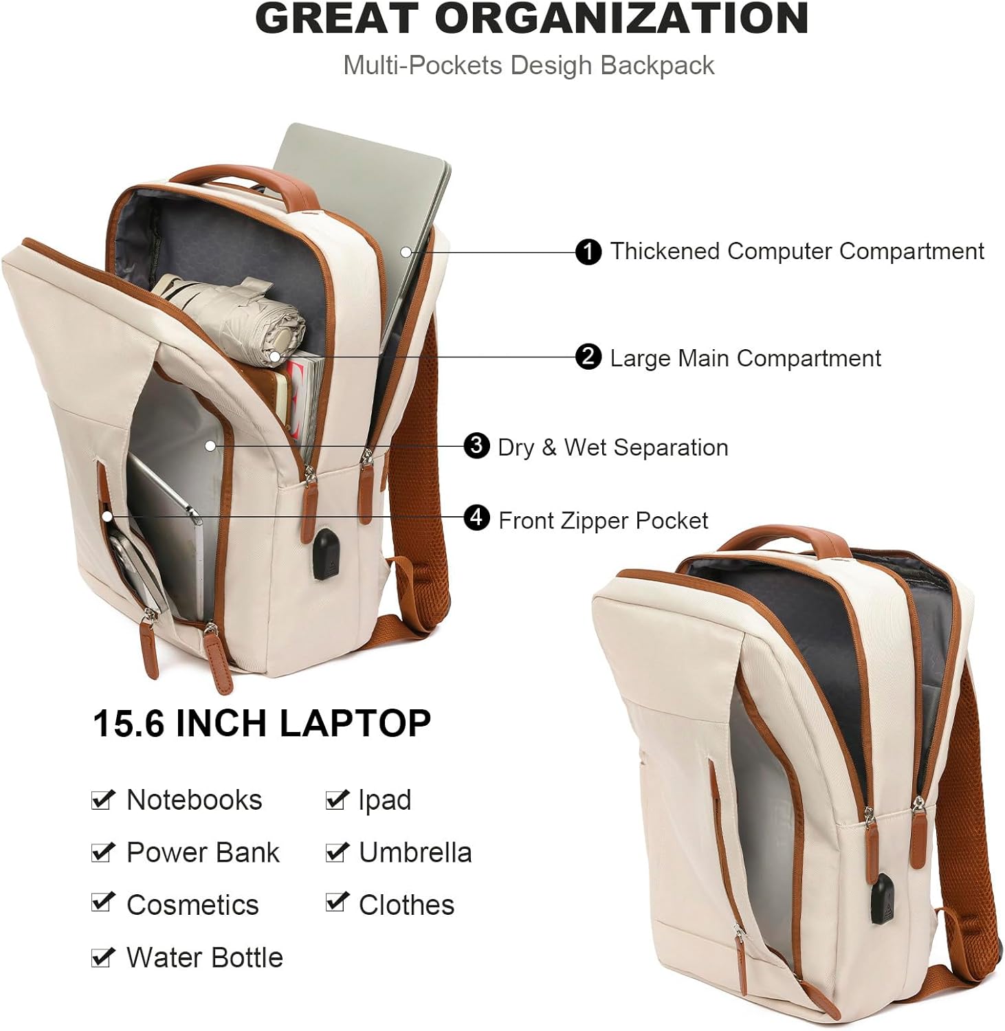 GAEKEAO Laptop Backpack 15.6 Inch Travel Backpack with USB Charging Port Lightweight Daypack Computer Bookbag for Travel Business Work College,Beige