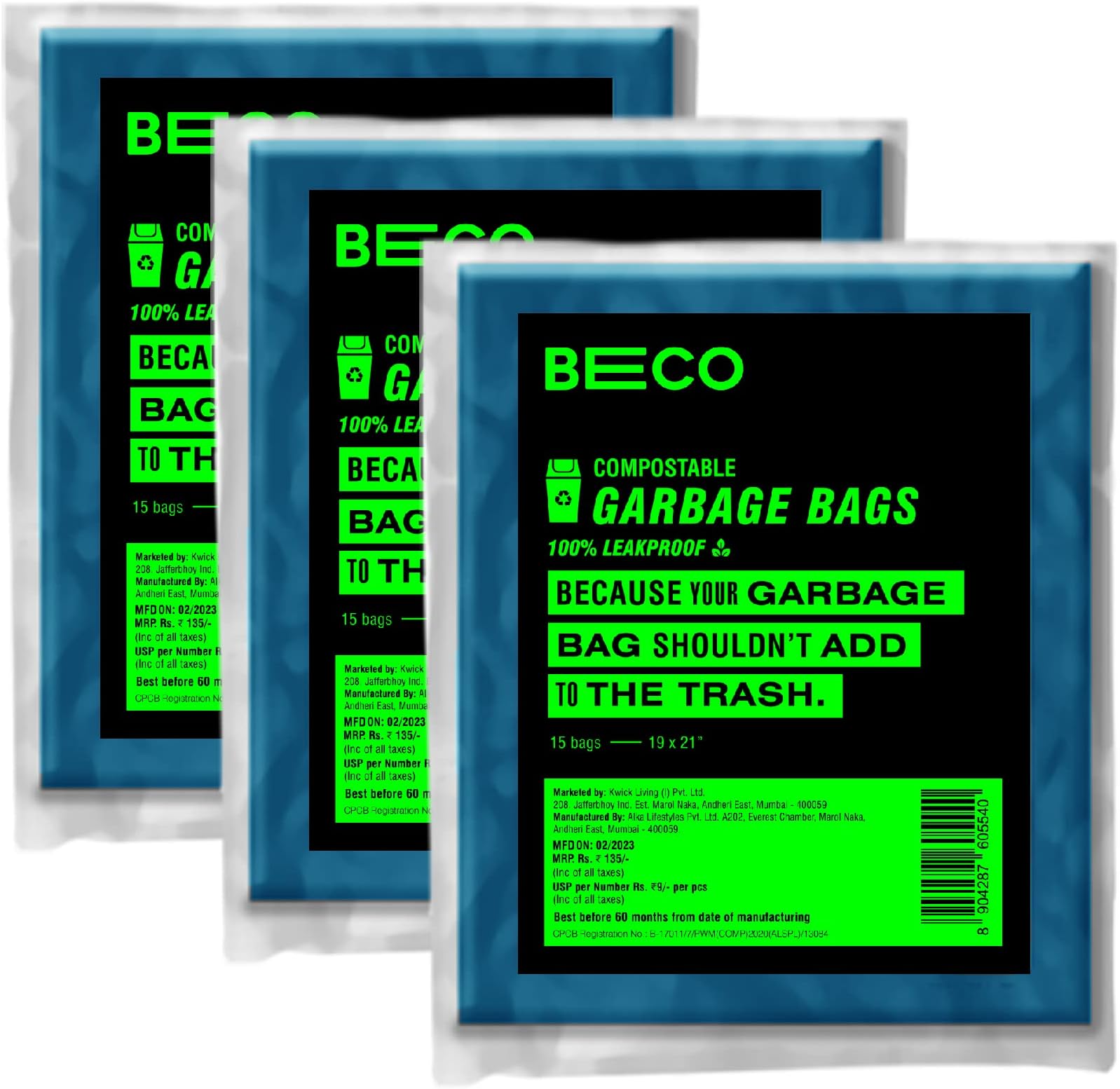 Beco Eco Friendly Flat Compostable Blue Garbage Bags for Dustbin | 45 Pcs | Medium 19 X 21 Inches | Pack of 3 | Biodegradable