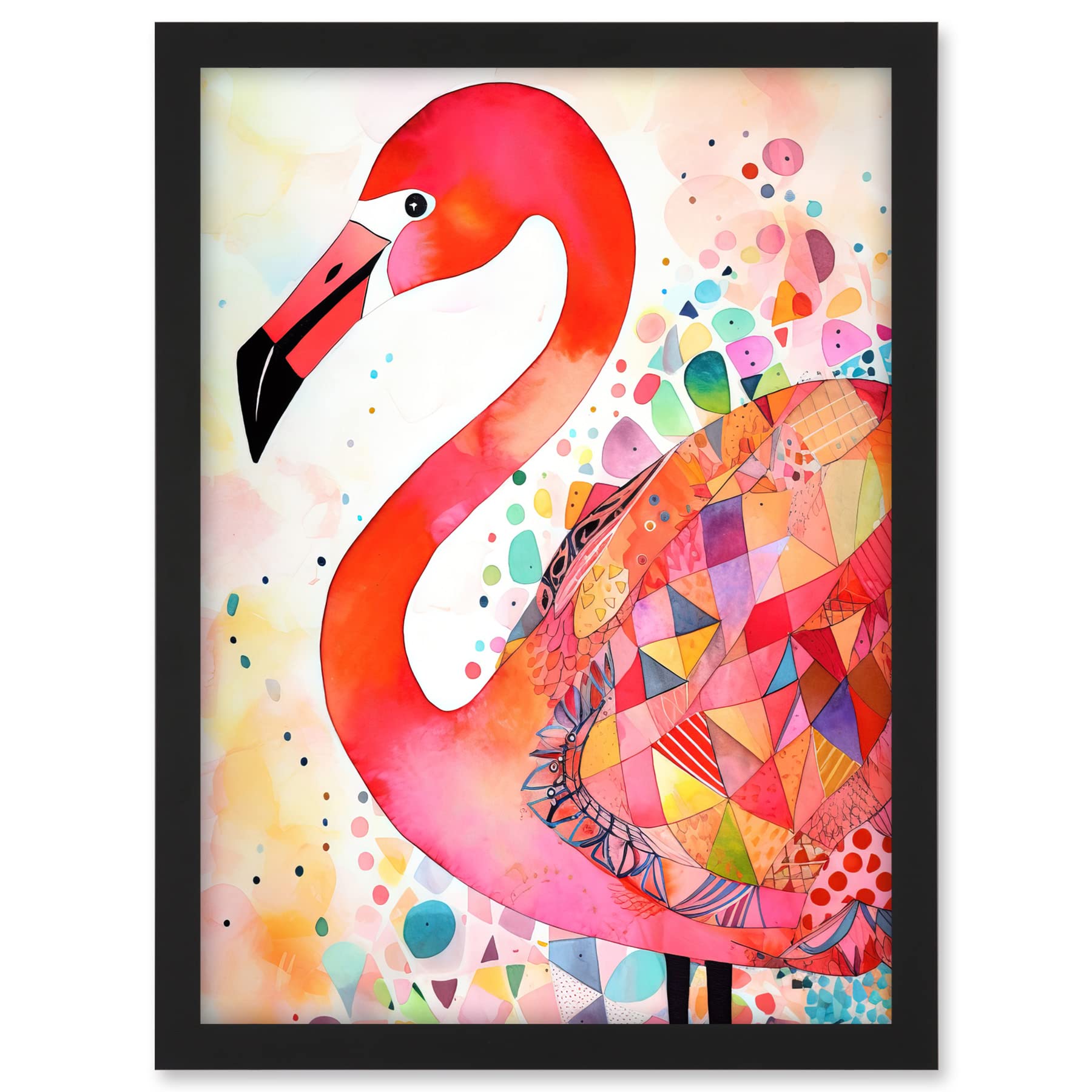 Artery8 Flamingo Bird With Patterns Folk Art Watercolour Painting Artwork Framed A3 Wall Art Print