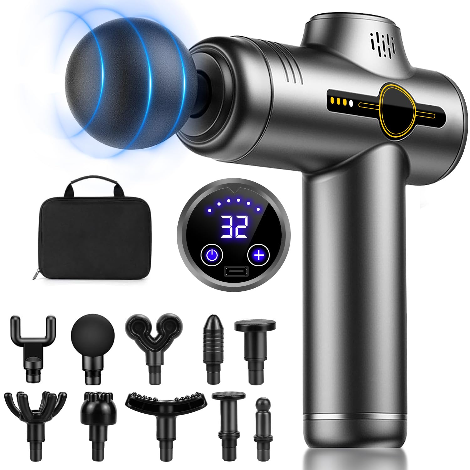 Massage Gun Deep Tissue Massager, Xkimos Handheld Cordless Percussion Massager LED Touch Screen with 10 Different Massage Heads 99 Speeds for Legs Back Body Pain Relief, Soreness Relief,مسدس تدليك