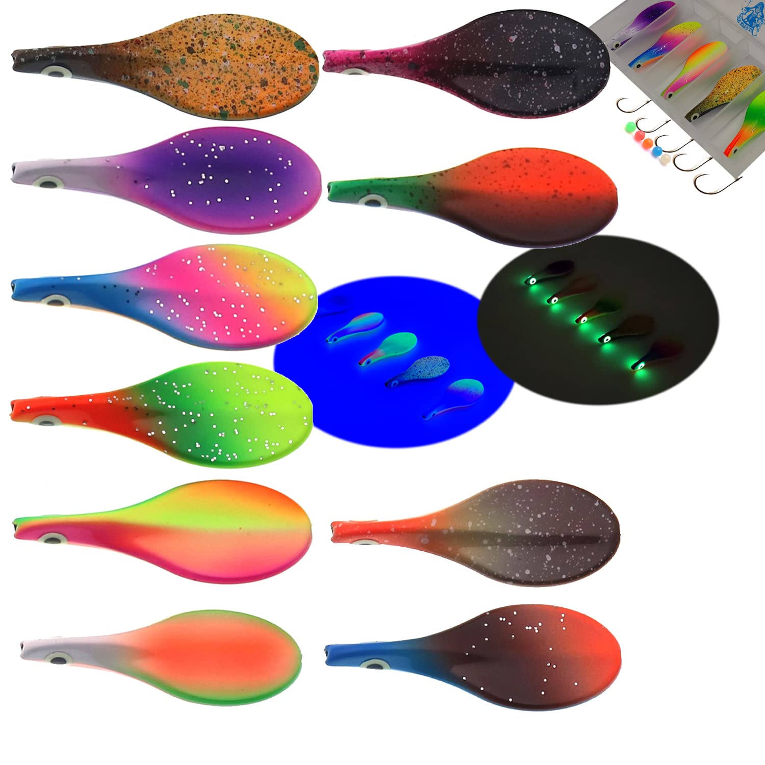 Inline Spoon Forelle in Box | UV Aktiv und Selbstleuchtende 3D Augen | Durchlaufblinker Forellenköder Inliner Spoon Inline Durchlauf Spoons Forelle Angel Set Magic Spoon
