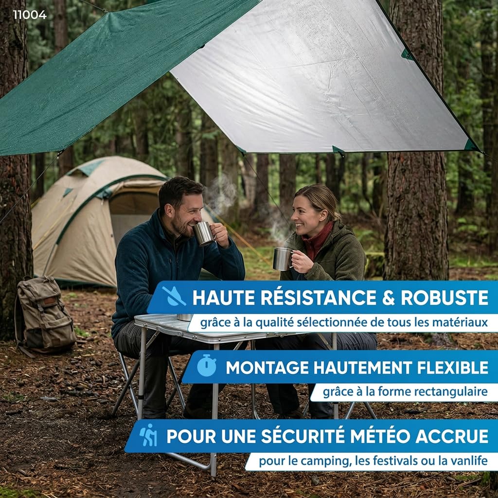 Bâche imperméable NORDMUT® 3x3m avec œillets pour camping et randonnée - Vert (300 x 300 cm)