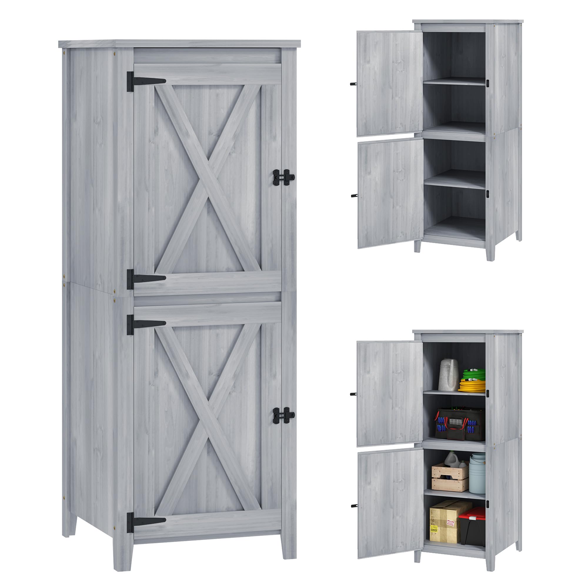 Outsunny Gartenschrank Holz Wetterfest Geräteschrank 60x60x160cm Hellgrau | Geräteschuppen, Gartenschuppen mit Ablagen, Doppeltür, Abschließbar, Gerätehaus Werkzeugschrank, Draußen Schrank