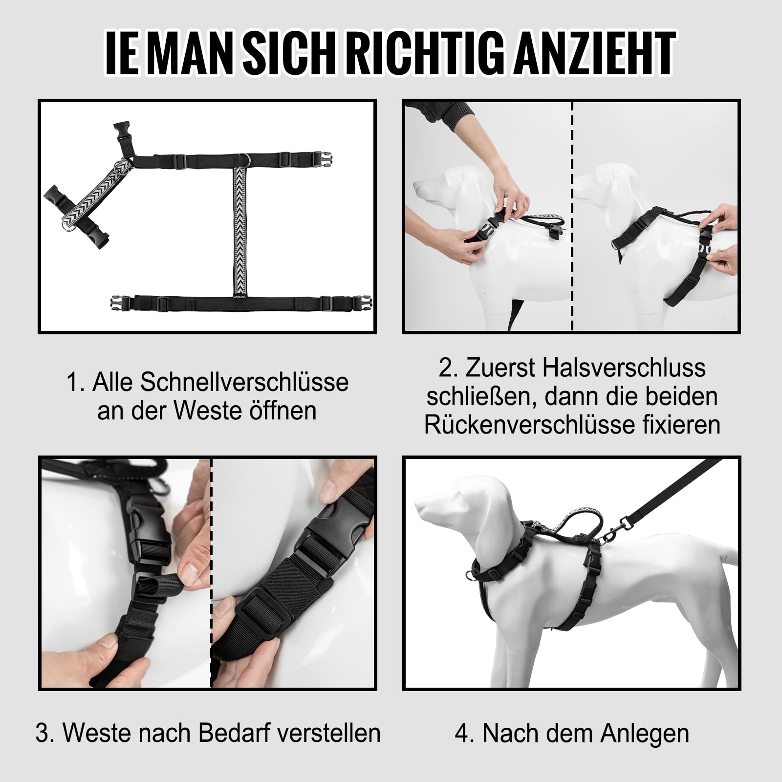 Arblina Hundegeschirr, Ausbruchsicheres Antizuggeschirr für Kleine, Mittlere und Große Hunde, Hundegeschirr Gepolstert mit Front Clip und Weichem Griff für Training, Spaziergänge und Laufen, Schwarz S