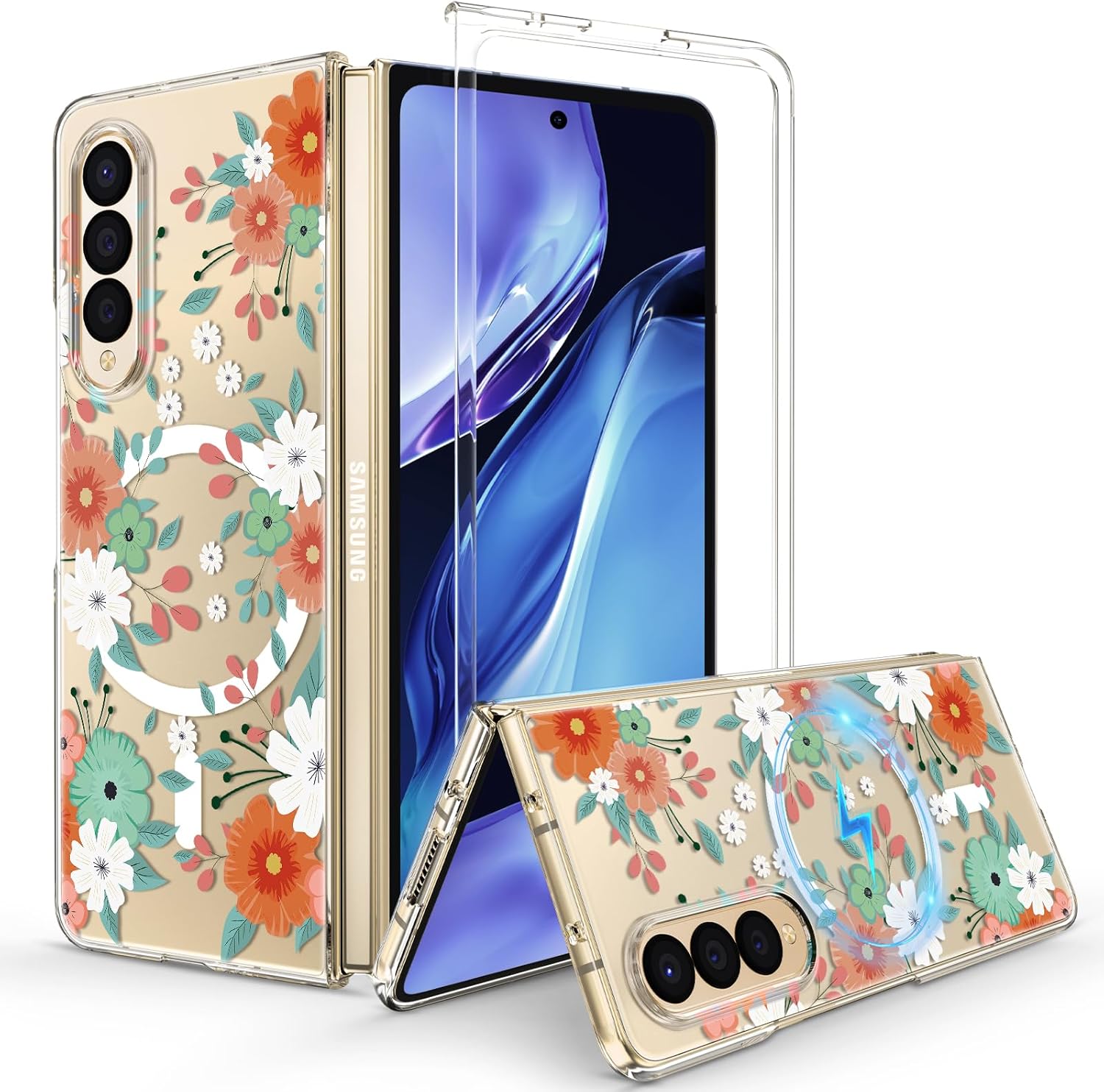 Magnetic for Samsung Galaxy Z Fold 4 Case,Floral Design PC Case for Women Men Girls Boys Drop Protection Shockproof Cute Durable TPU Bumper Cover for Galaxy Z Fold 4,Flowers 12.4