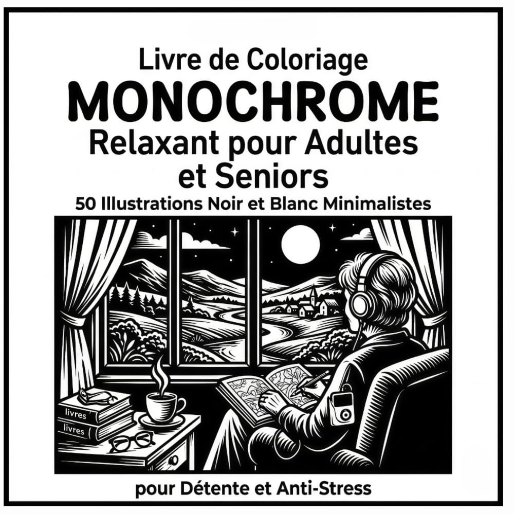 Livre de Coloriage Monochrome Relaxant pour Adultes et Seniors: 50 Illustrations Noir et Blanc Minimalistes et Motifs Zen Apaisants pour Détente et Anti-Stress