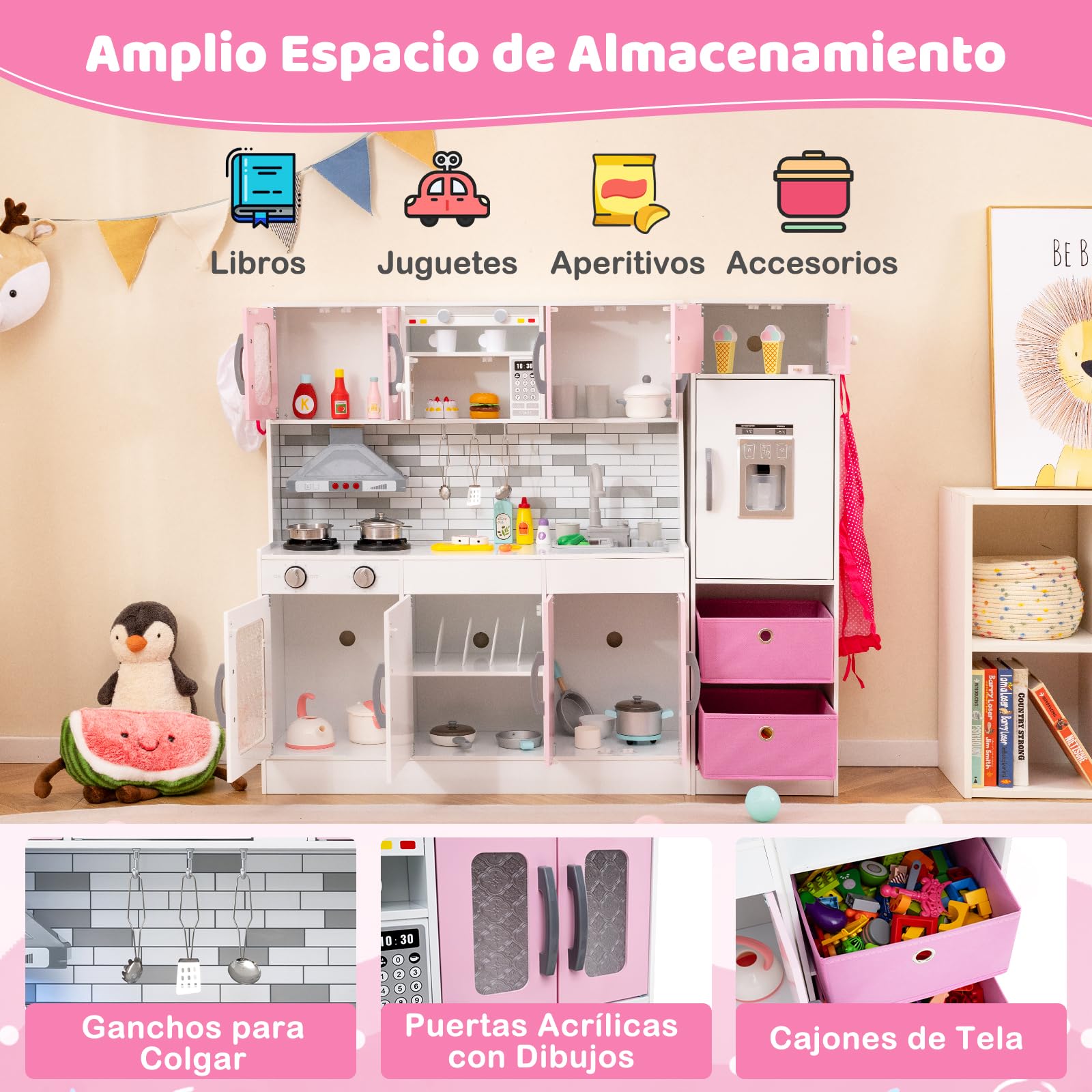 COSTWAY Cocina de Juguete Grande con Luces y Sonidos, Cocinita Infantil de Madera con Refrigerador y Microondas, Almacenamiento y Accesorios,Cocina de Juguete con Circulación de Agua (Rosa)