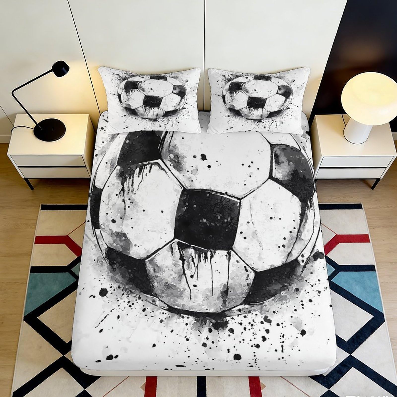 Jqzkxnhpbr Style-3 3D Printed Black White Soccer Fitted Sheet Microfiber Soft Breathable Football Splash Mattress Cover For Bedroom Dorm Decor 90X200x25cm