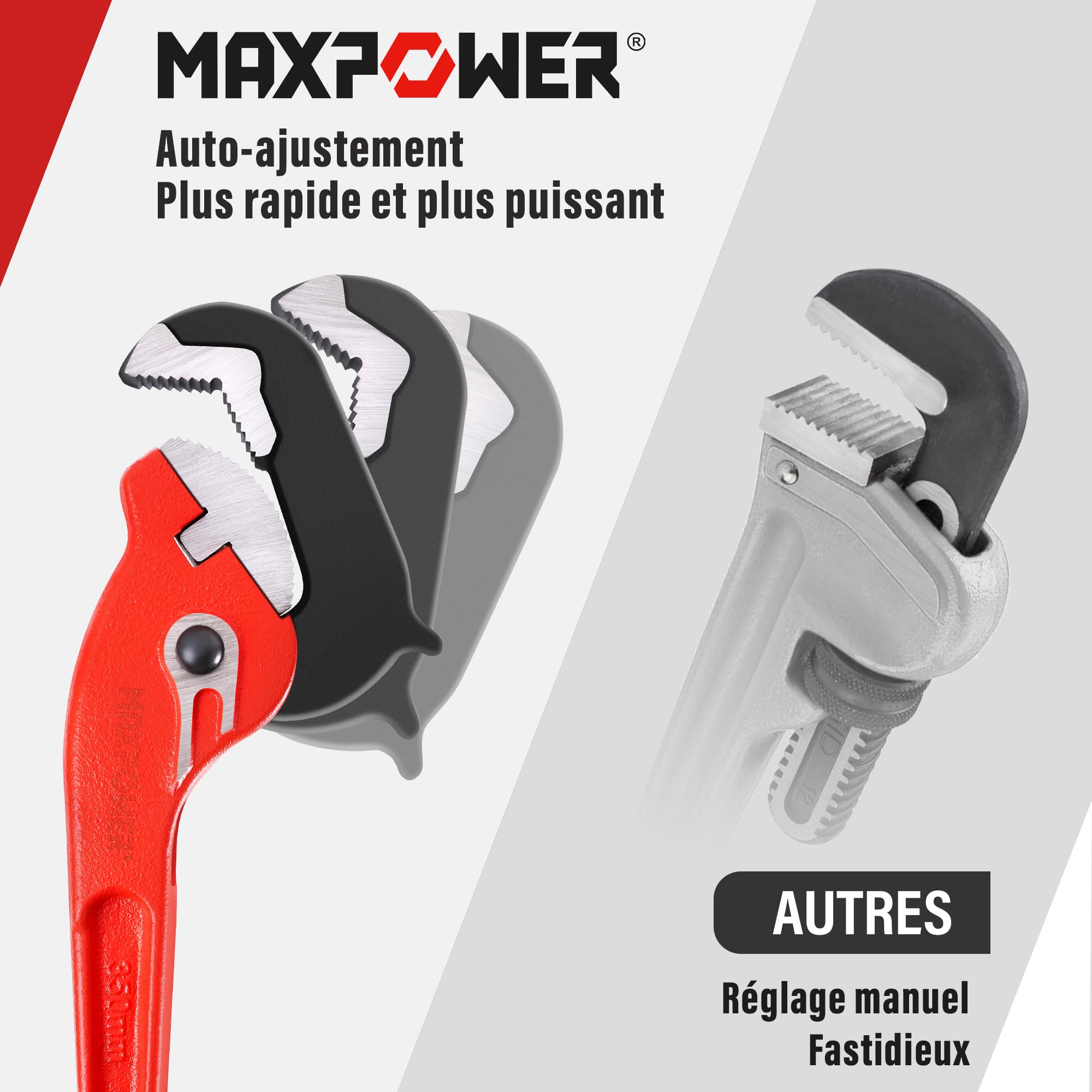 MaxPower Clé à tube rapide 350 mm / 14 pouces, auto-ajustable clé à tube à une main, largeur de mâchoire max. 54 mm, pince à pompe à eau pour la réparation des tuyaux d'égout ou de chauffage, etc.