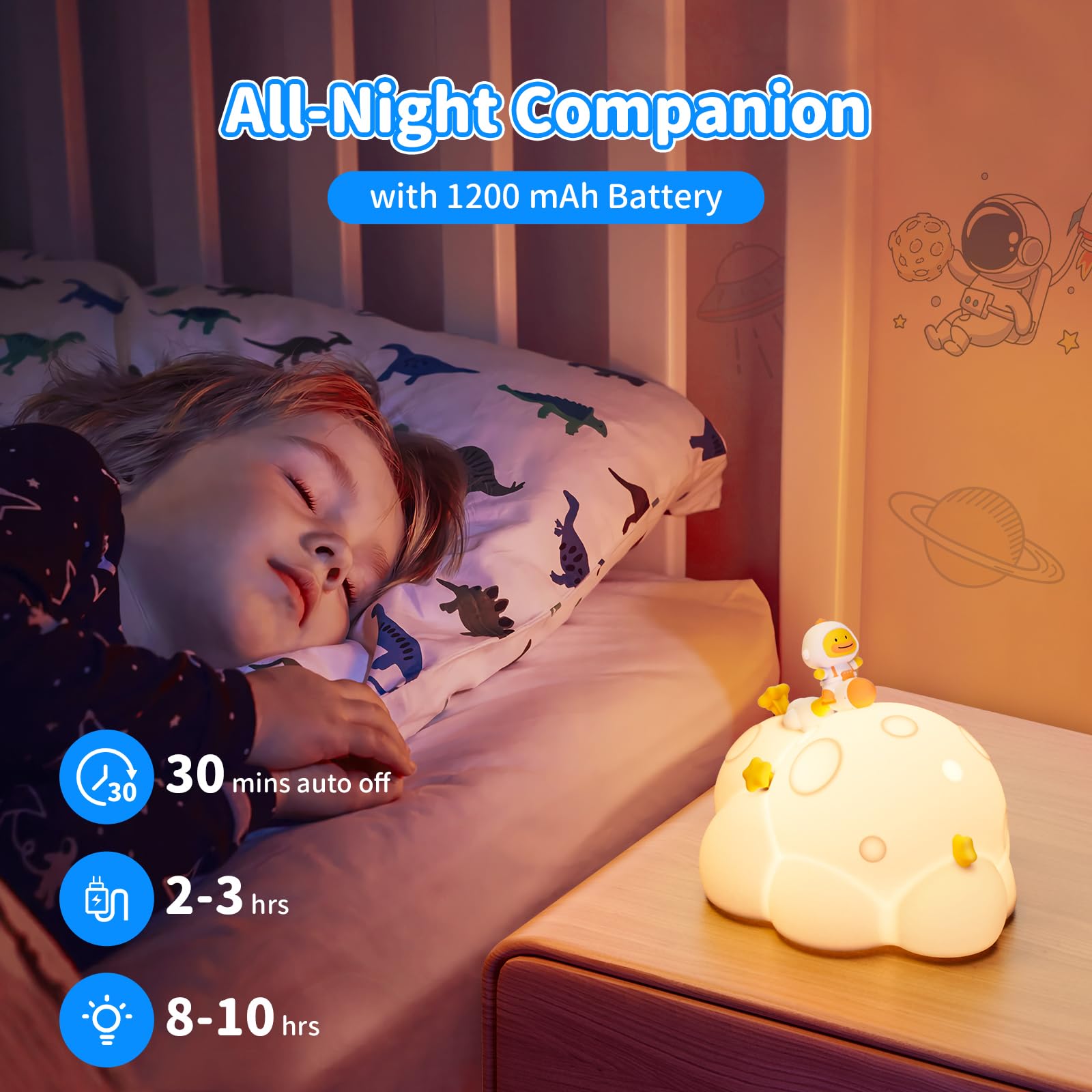ICARER FAMILY Planet Night Light for Kids, 3 Lightness Auto-Off LED Rechargeable Silicone Squishy Tap Control Beside Lamp, Nursery Night Light for Baby,Gift for Child,Boys and Girls
