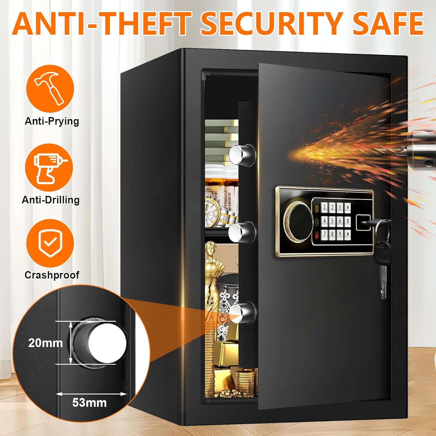 3.4 cuft large fireproof safe for home, security safe box fireproof waterproof with programmable keypad, spare keys and removable shelves, anti-theft digital fire safes document box for money valuable