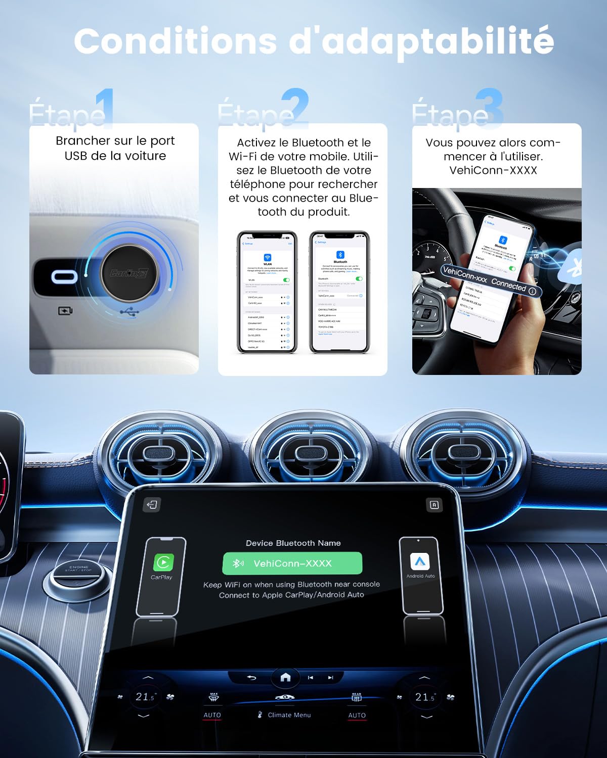 CarlinKit Mini adaptateur sans fil Ultra 3 – Convertit CarPlay/Android Auto filaire en sans fil, Plug-and-Play, USB/Type-C, mise à niveau OTA