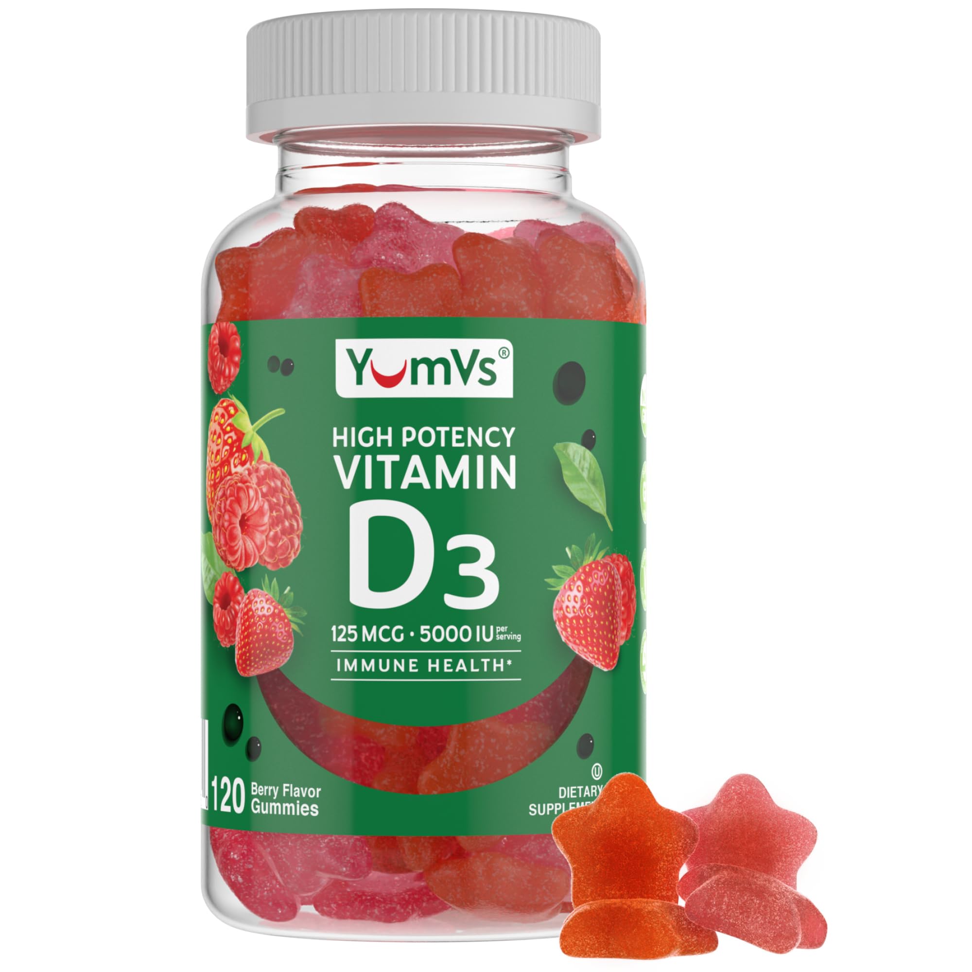 YUM-V'S Vitamin D3 Gummies 5000 IU (125 mcg), Berry (120 Count) 120 Count (Pack of 1)