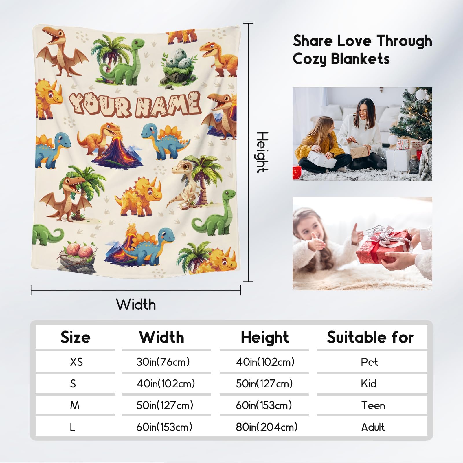 Personalized Kids Blanket With Dinosaur Print - Custom Photo Flannel Throw (Light Blue, 50x40 Inches) - View #3