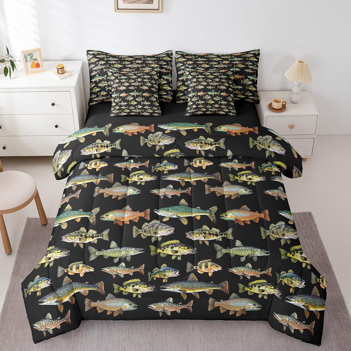 Erosebridal Pike Fish 7 Pieces Bedding Set Twin Size, Vintage Fishing Kids Comforter Set for Boys Girls, Fishing and Hunting Bed Sets Bed in a Bag, Animals Marine Life Sheets Sets with Pillowcases
