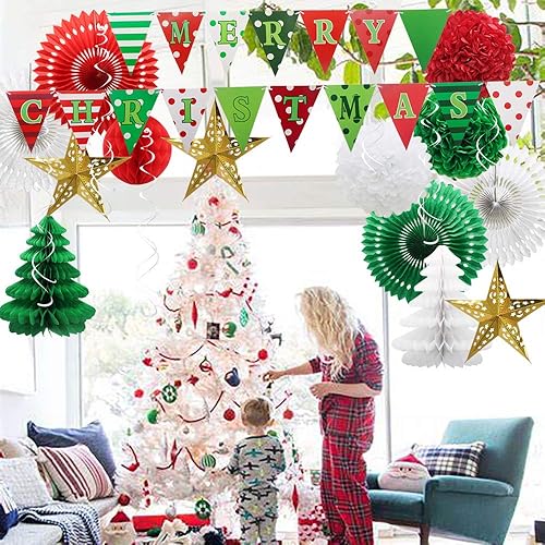 Miniatura 4 de Suministros de decoración de fiesta de Navidad  Banner colgante de remolinos de estrellas, faroles de papel, bolas de panal de abeja, pompones para