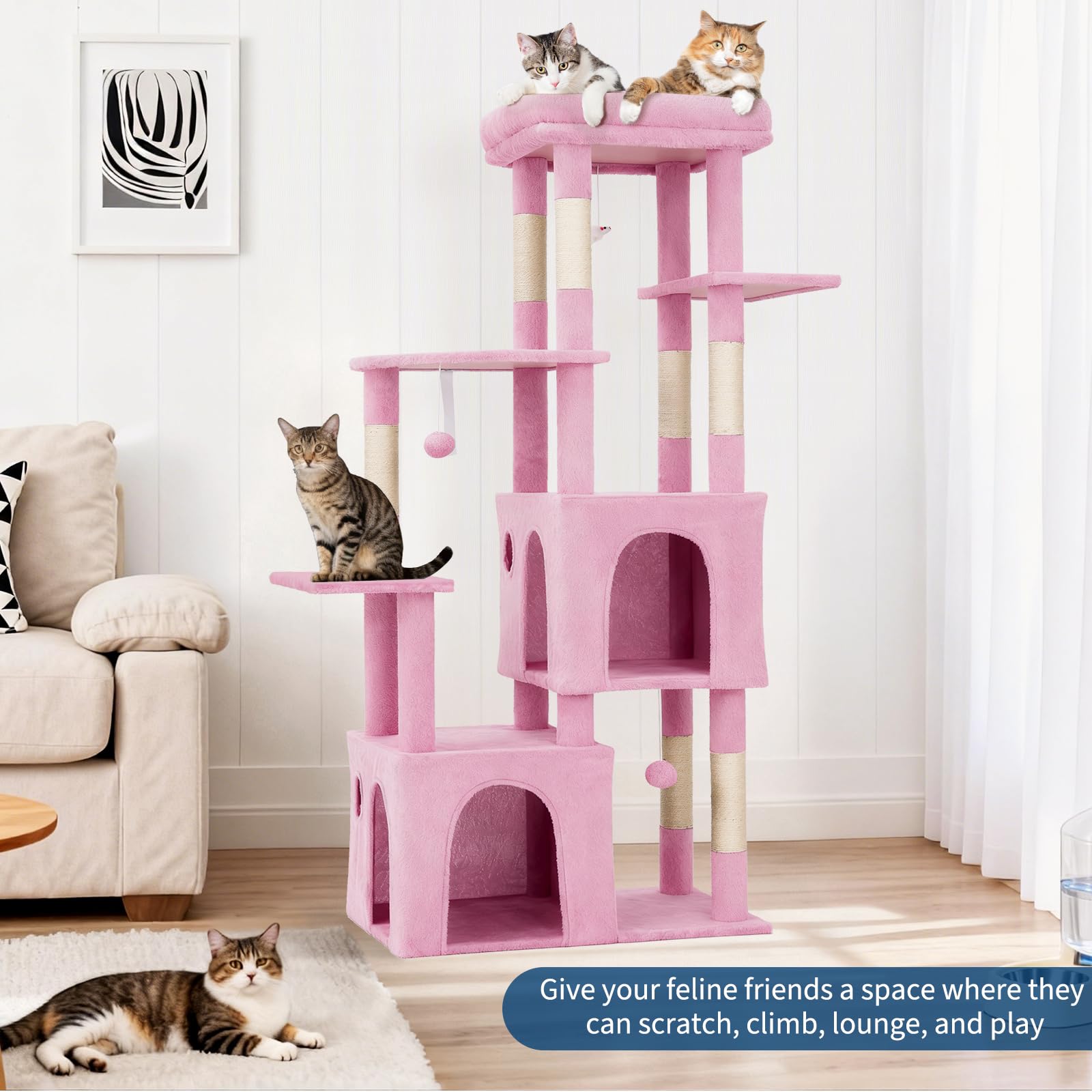 Garvee Arbre à Chat 157cm Stable pour Grands Chats et Maine Coon – Grand Plateforme, 2 Condos spacieux, poteaux à griffer en sisal Naturel, Jouets Suspendus, Multi-Niveaux pour Plusieurs Chats – Rose