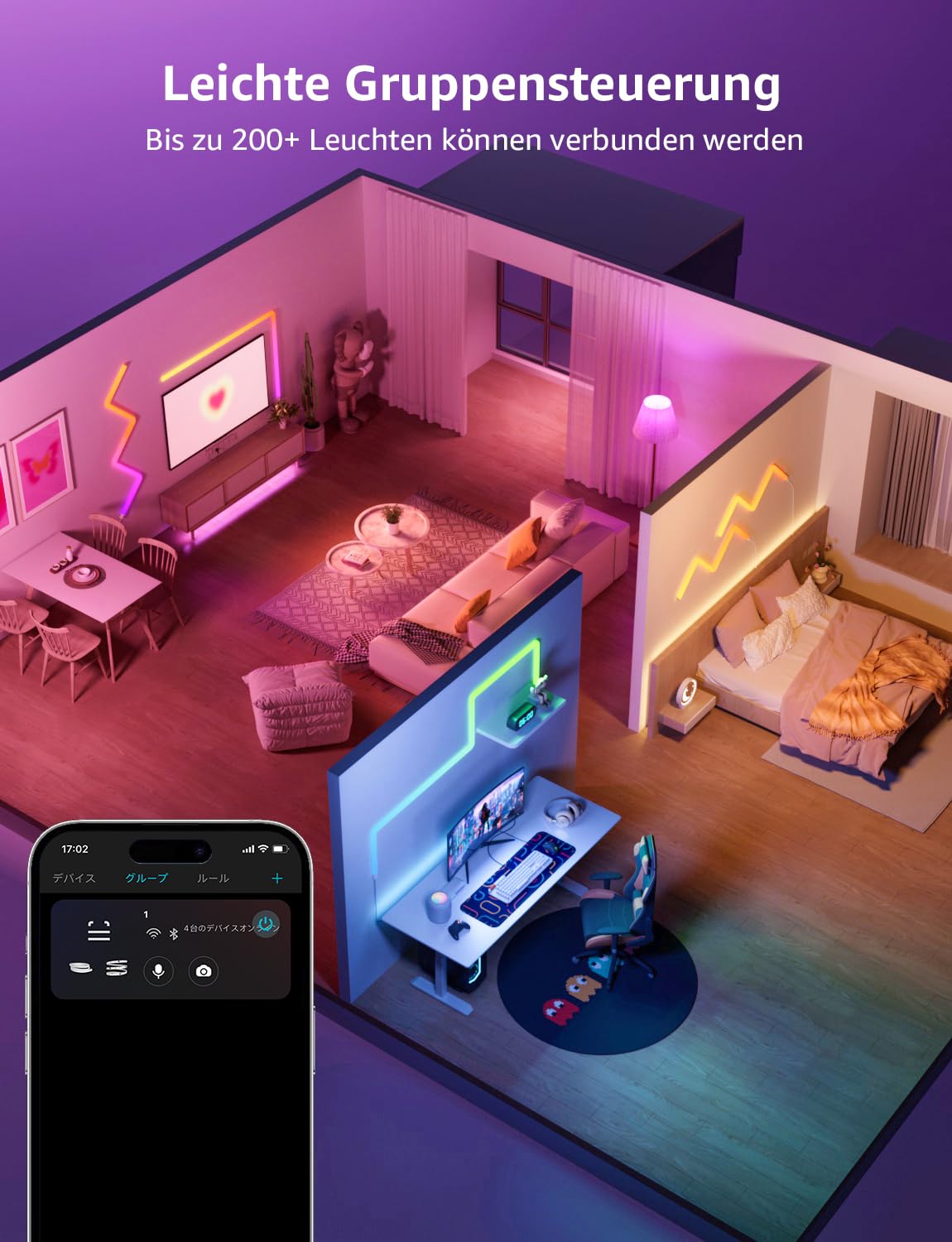 Lepro AI Glide Wall Light WL1, kompatibel mit Alexa&Google Assistant | Wandleuchte mit App-, Musik- und Sprachsteuerung, Personalisierter KI-Lichtdesigner für Gaming,Wand Deko, 8 Stück & 4 Ecke