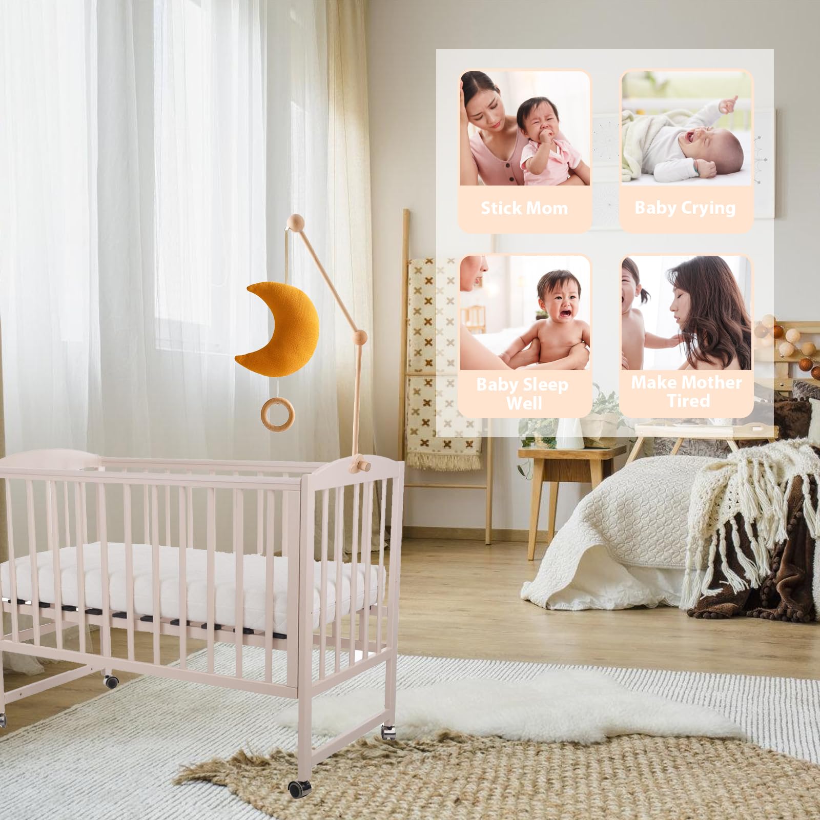 OAKENCREST Supporto Giostrina Lettino, Supporto Mobile per Giostrina Culla Neonato Nuvole in Legno, Ruotabile, Accessori letto per Bambini, per Campanelli da Letto Carillon