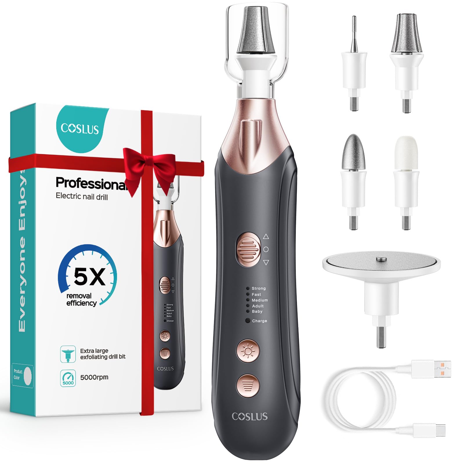 COSLUS C43 Professionelle Elektrische Nagelfräser Set: Maniküre Pediküre Set Fußpflege Elektrisch für Zehennägel, Hände und Füße, Breiterer Schleifer für dicke Nägel, 5 Geschwindigkeiten, LED Licht
