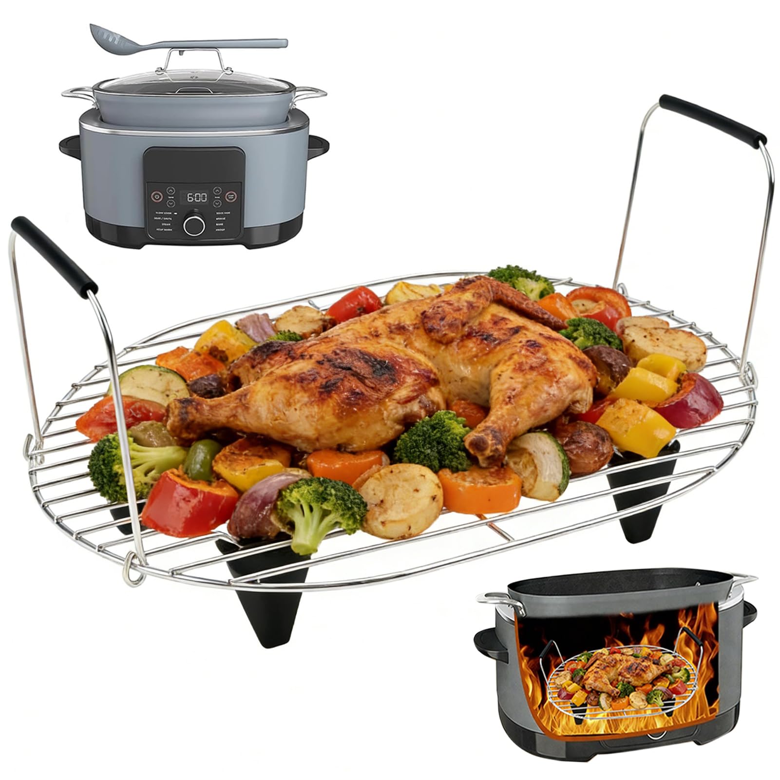 Stainless Steel Steam and Roasting Rack for Ninja Foodi PossibleCooker, Muti Purpose Round Steaming Rack Compatible with Ninja Foodi 8L MC1001UK Series with Silicone Protected Feet Handles