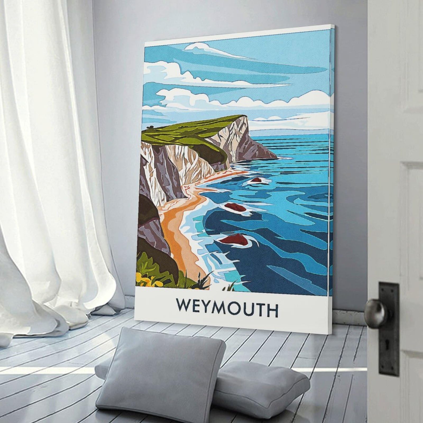 Junmoney Weymouth Coastline Illustration Wall Art Print, 20x30inch(50x75cm), for Entryway, Lounge Links Or Small Walls, Decorative Canvas Styling for Entry Areas