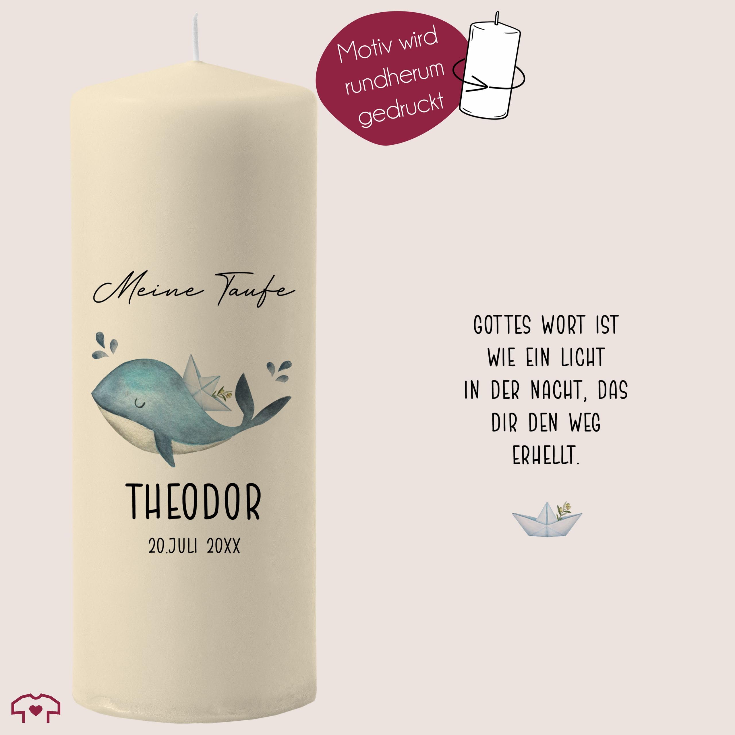 Taufkerze - Wal zur Taufe mit Daten - personalisierte Taufgeschenke für Mädchen und Jungen - 230/78 mm - Elfenbein