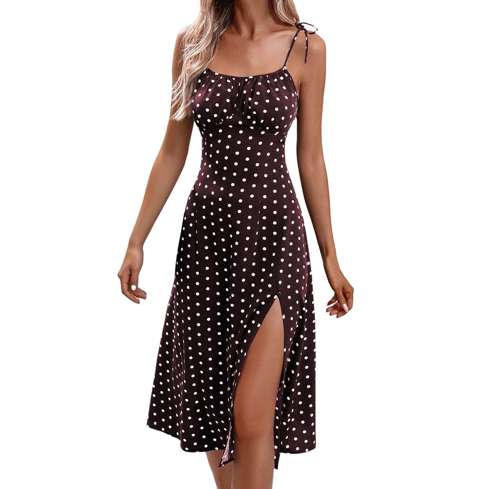 Generico Vestiti Estivi Donna Vestito a Pois Comodo Abiti Spalline Silhouette Morbida Spacchi Laterali Abito Spiaggia Casual Quotidiano S-XXL