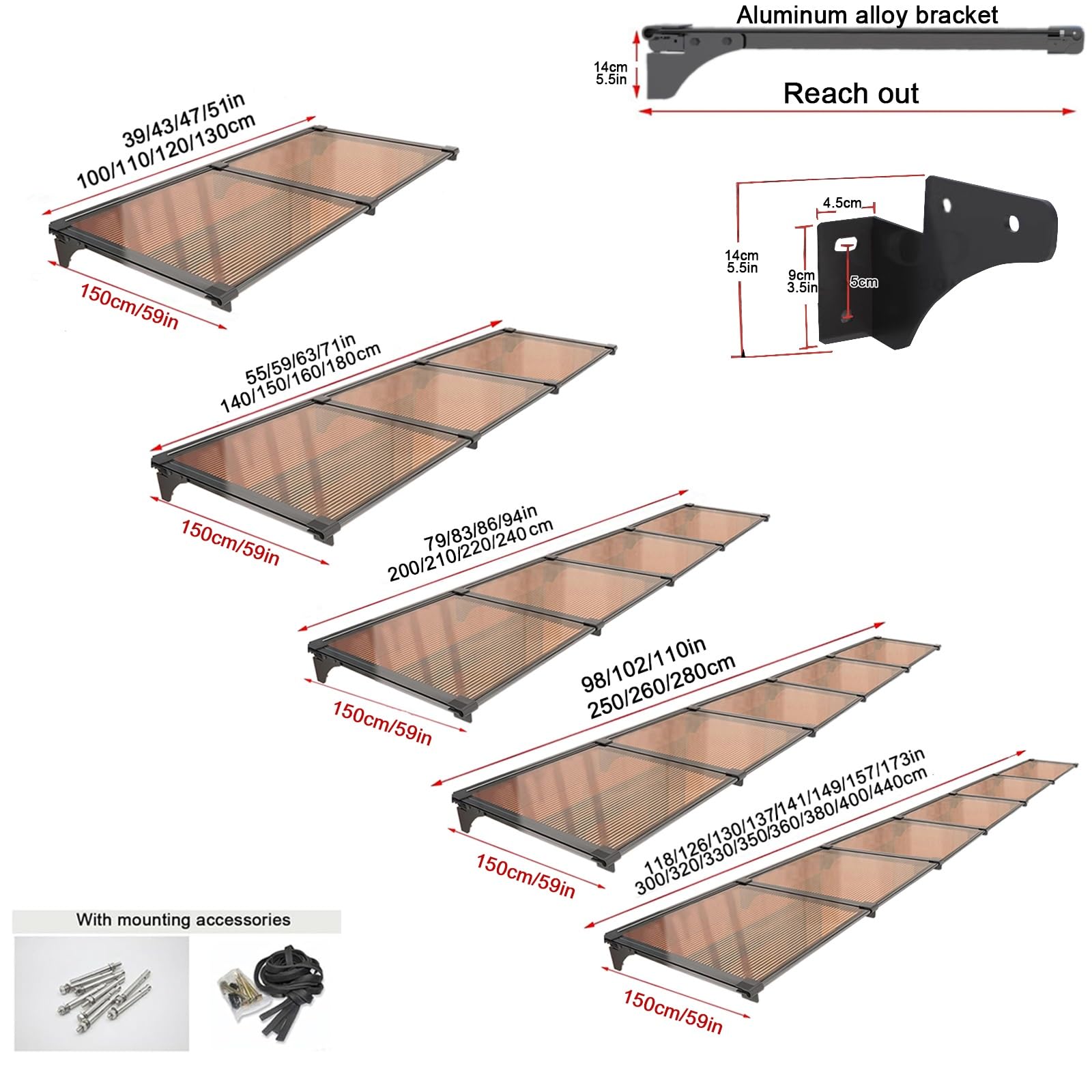 Markiza okienna z poliwęglanu do drzwi wejściowych i tarasów, styl z prostą twarzą (150 x 120 cm), trwała ochrona zewnętrzna z blachy komorowej.