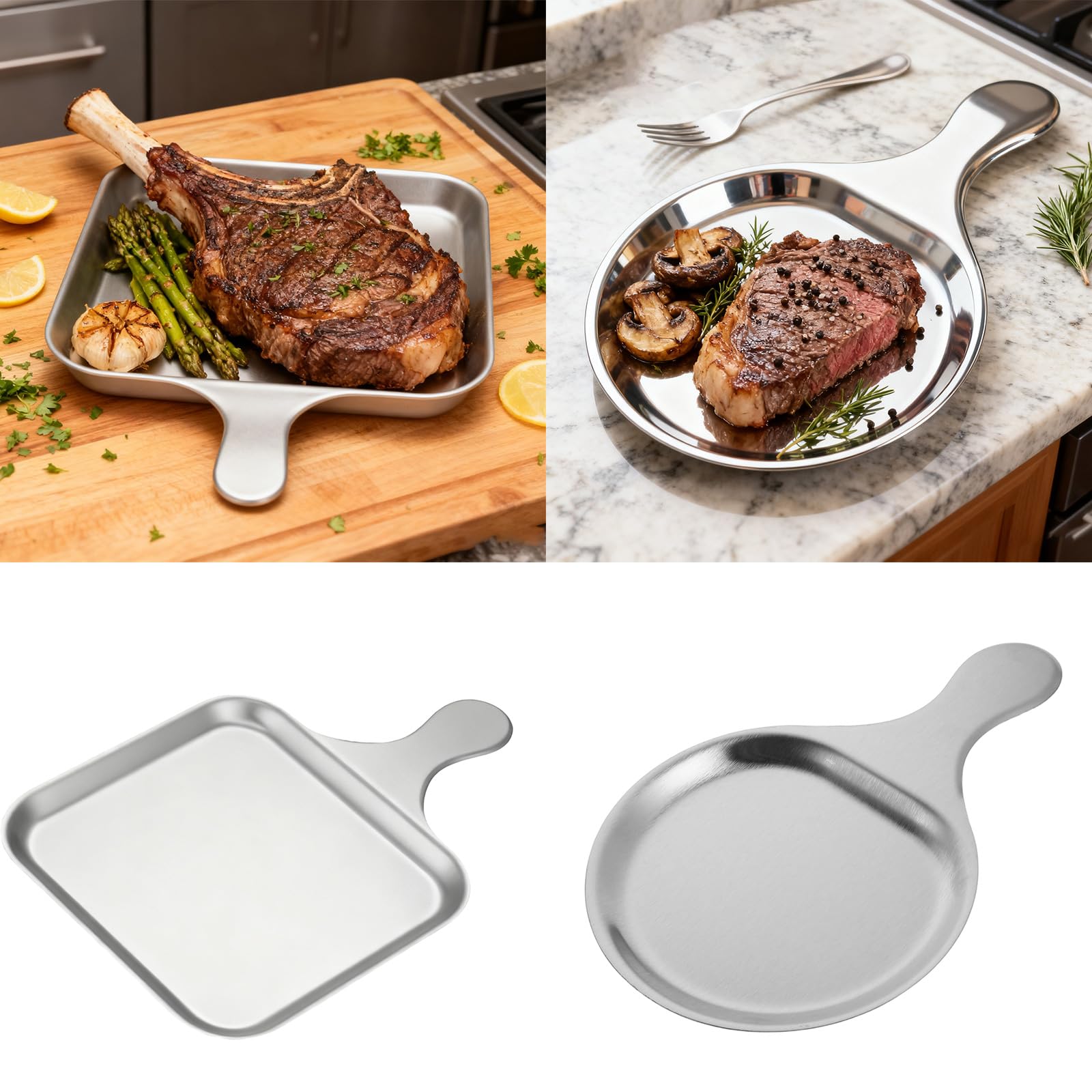 Bandeja redonda cuadrada para servir, bandeja antideslizante para carne para barbacoa, para camping, lavavajillas, acabado suave, ideal para filetes y cocina doméstica