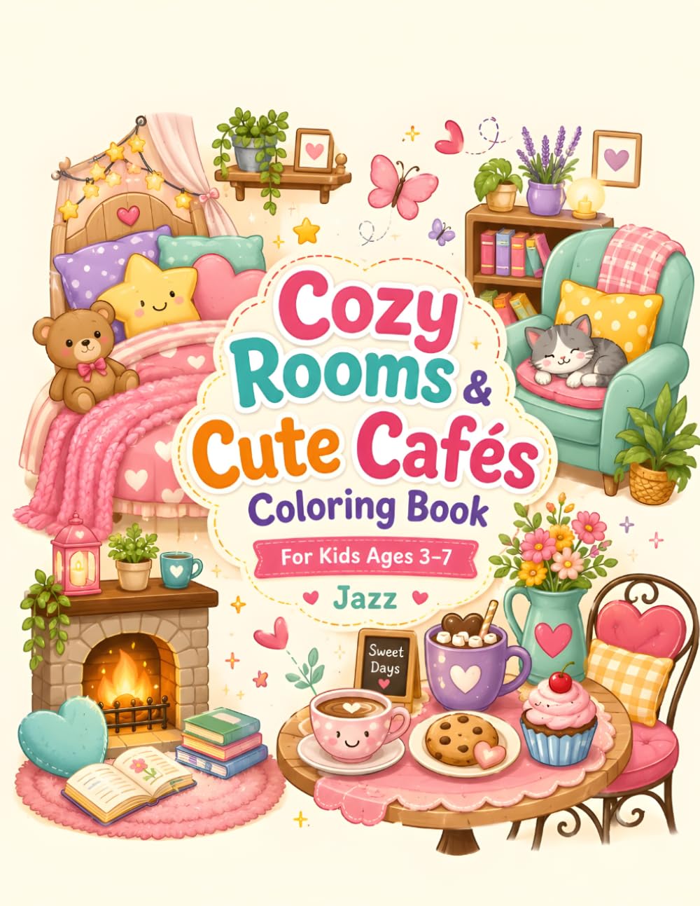 Cozy Rooms & Cute Cafés Coloring Book: Adorable Cozy Bedroom, Sweet Café, Bakery, Tea Room, and Cute Animal Coloring Pages for Kids Ages 3–7