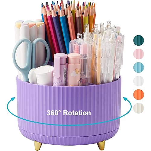 Desk Pencil Pen Holder, 5 Slots 360 Degree Rotating Pencil Pen Organizers for Desk Desktop Storage Stationery Supplies Organizer Cute Pen Cup for Office School Home Art Supply Purple