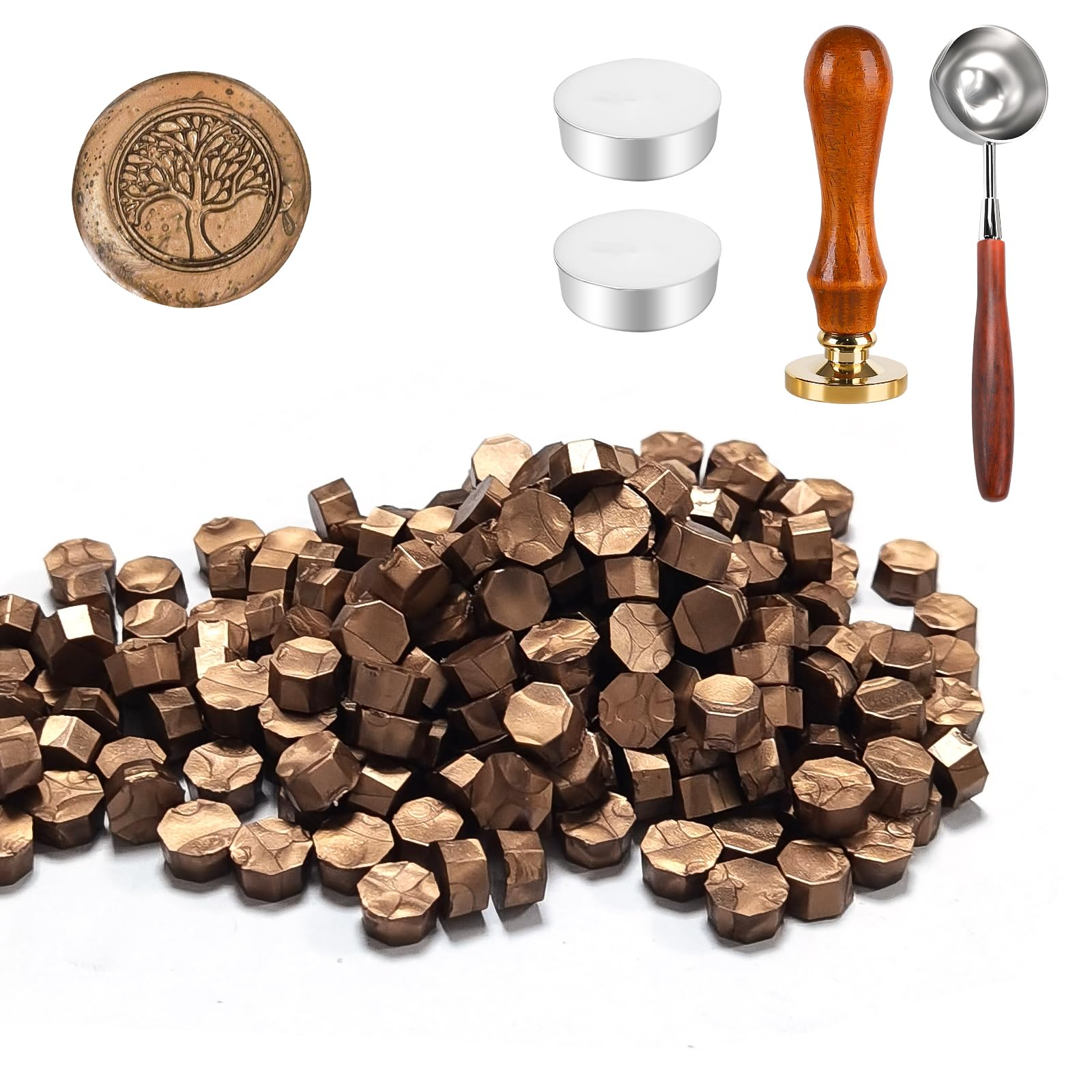 Zestaw pieczęci woskowych, 200 sztuk wosku do pieczęci, 1 stempel drzewa życia, 1 łyżka do wytapiania, 2 podgrzewacze, do lakieru, pieczęci, w stylu vintage, do listu, zaproszenia (I)