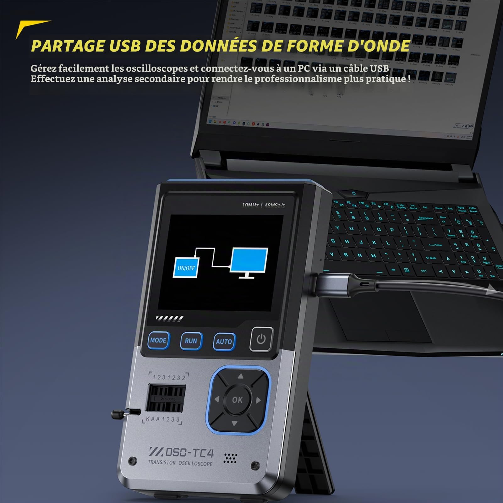 DEWIN Oscilloscope 3 en 1 DSO-TC4 oscilloscope testeur de transistors générateur de signaux bande passante de 10 MHz taux d'échantillonnage de 48 MSa/s