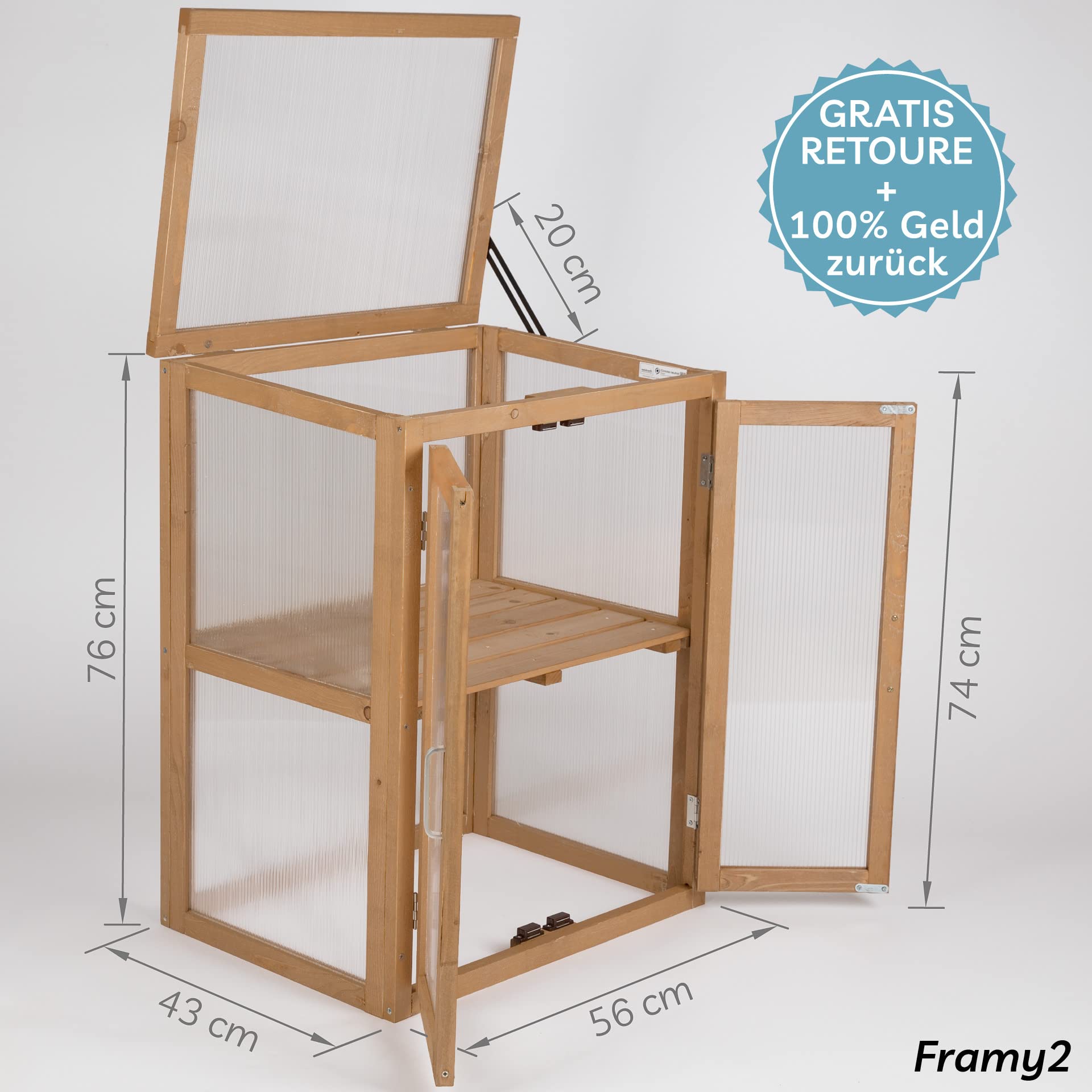 needs&wants® Mini Gewächshaus Treibhaus klein Winterfest aus Holz für Balkon Garten Indoor, Frühbeet Hochbeet Pflanzschrank Anzuchthaus, auch für Schildkröten, Polycarbonat
