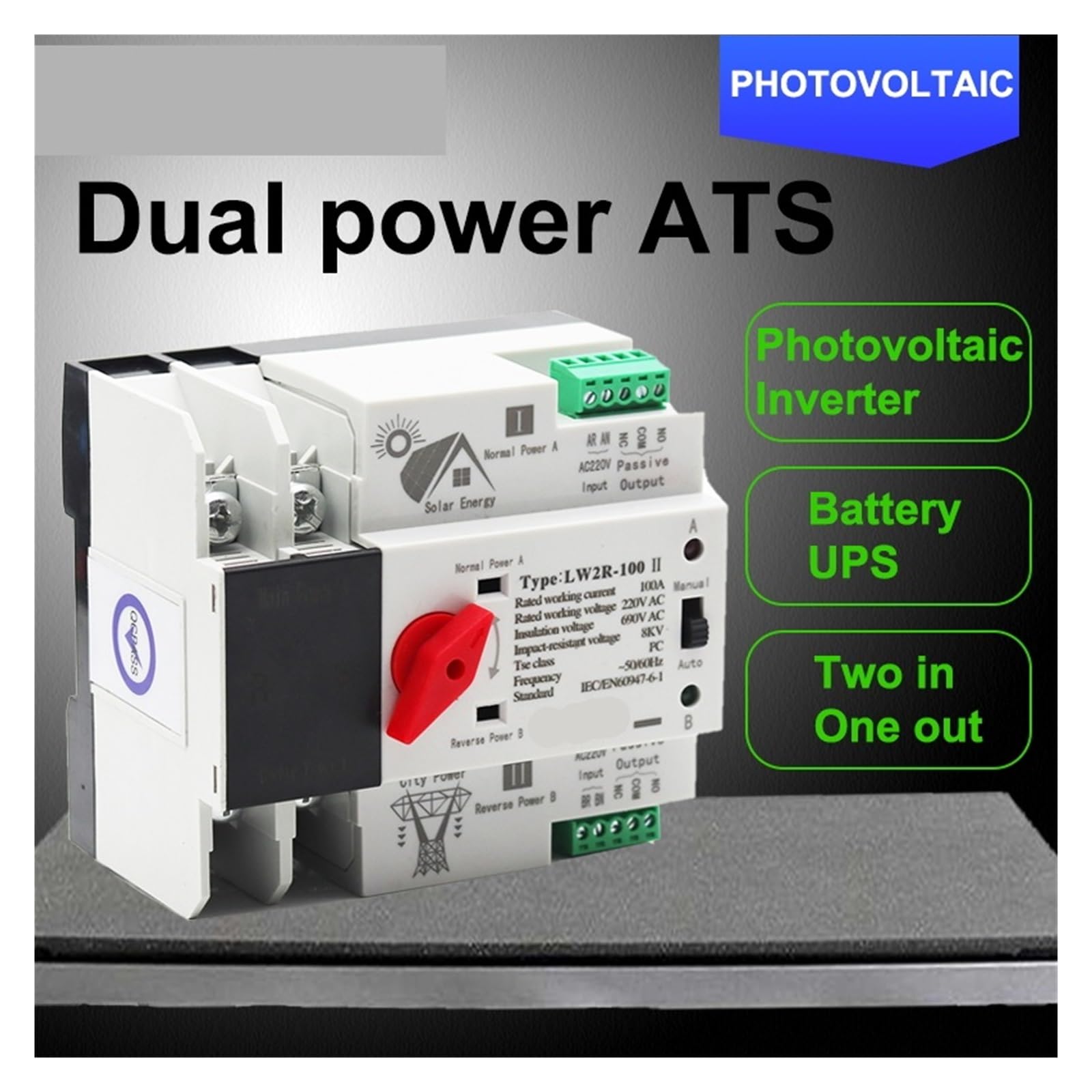 2P 100A 125A 220V Mini ATS Automatyczny przełącznik transferowy Przełączniki selektora elektrycznego Podwójny przełącznik zasilania dla energii słonecznej(2p 63a 220v,Generator Type)