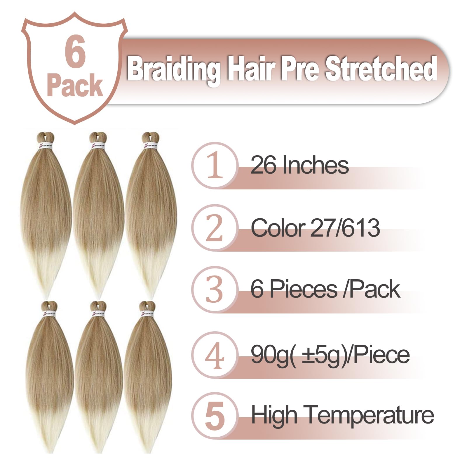Rajout Cheveux Tresses 66cm Lot De 6 Extensions De Cheveux TresséS Pré-éTiréS EZ Yaki Texture Braids Meches Cheveux Naturel Extension Pre Stretched Braiding Hair(T27/613#)