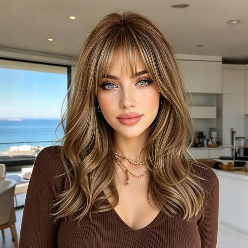 XIXIBI Brown Mix Blonde Highlight Wig with Bangs for Women Layered Wavy