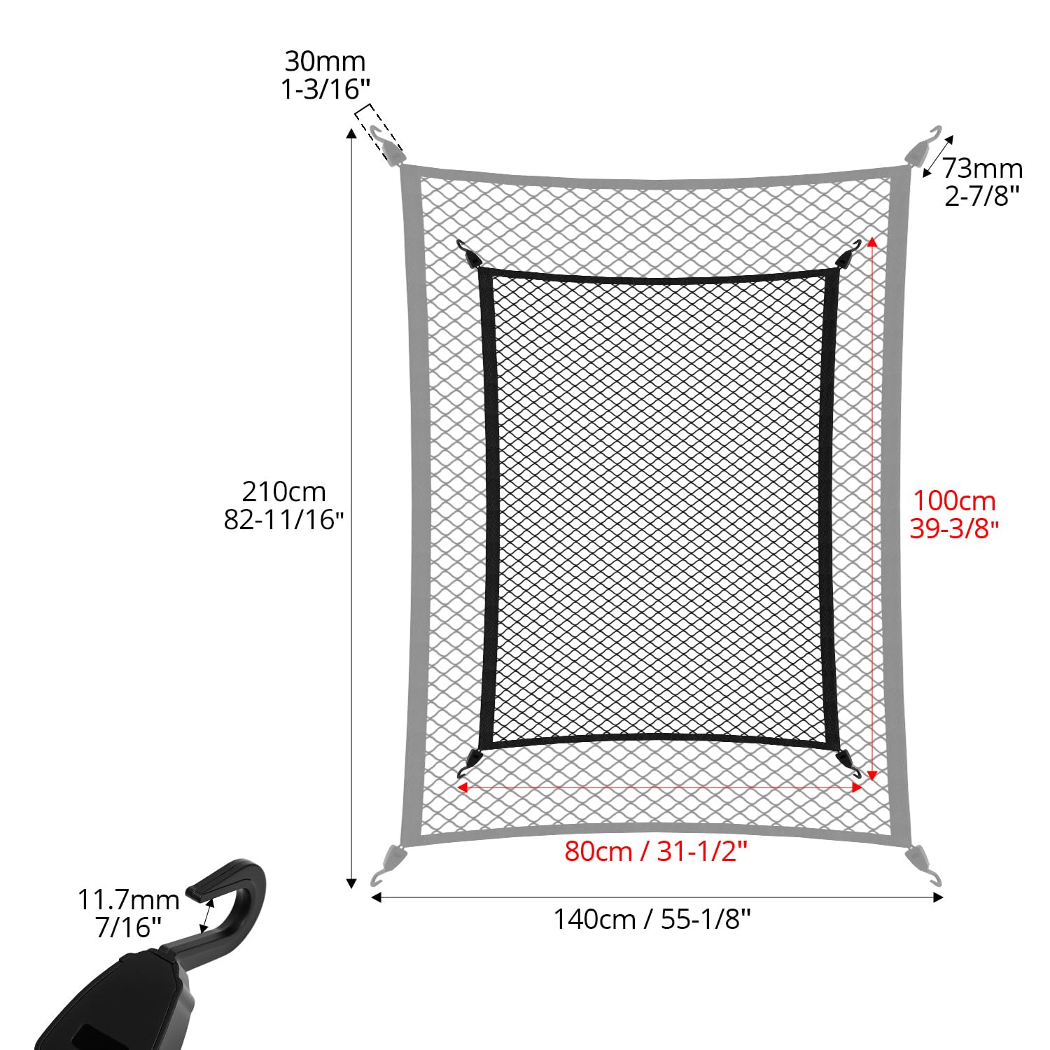QWORK® Filet Coffre Voiture hautement élastique, Extensible de 80 x 100 cm à 140 x 210 cm, Filet à Bagages de Voiture avec Crochets, idéal pour Les Charges légères