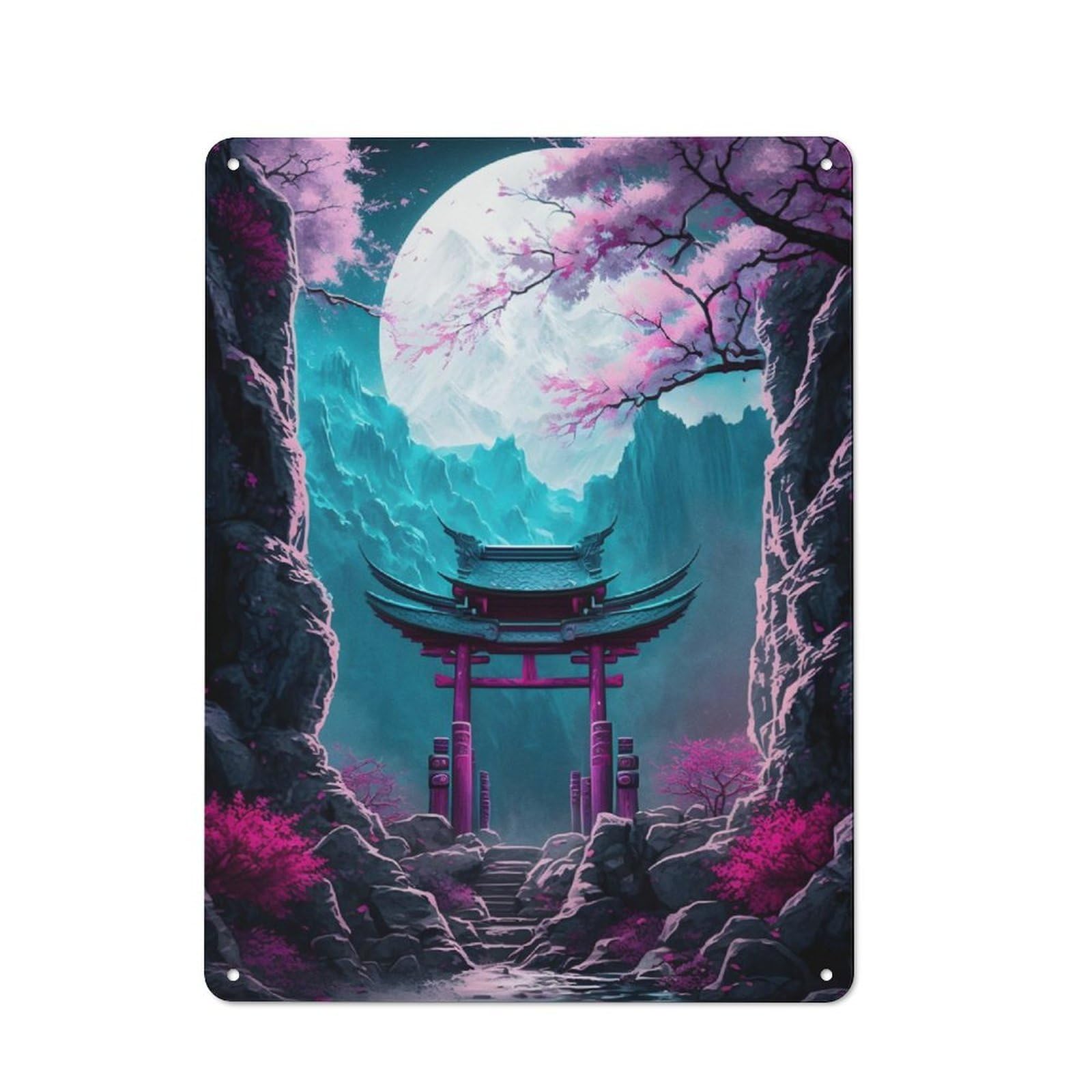 Junmoney Torii Gate Valley At Night Rustic Metal Plaque 40X30cm For Guest Room Or Hallway, For Home Interiors, Feature Walls And Decorative Displays