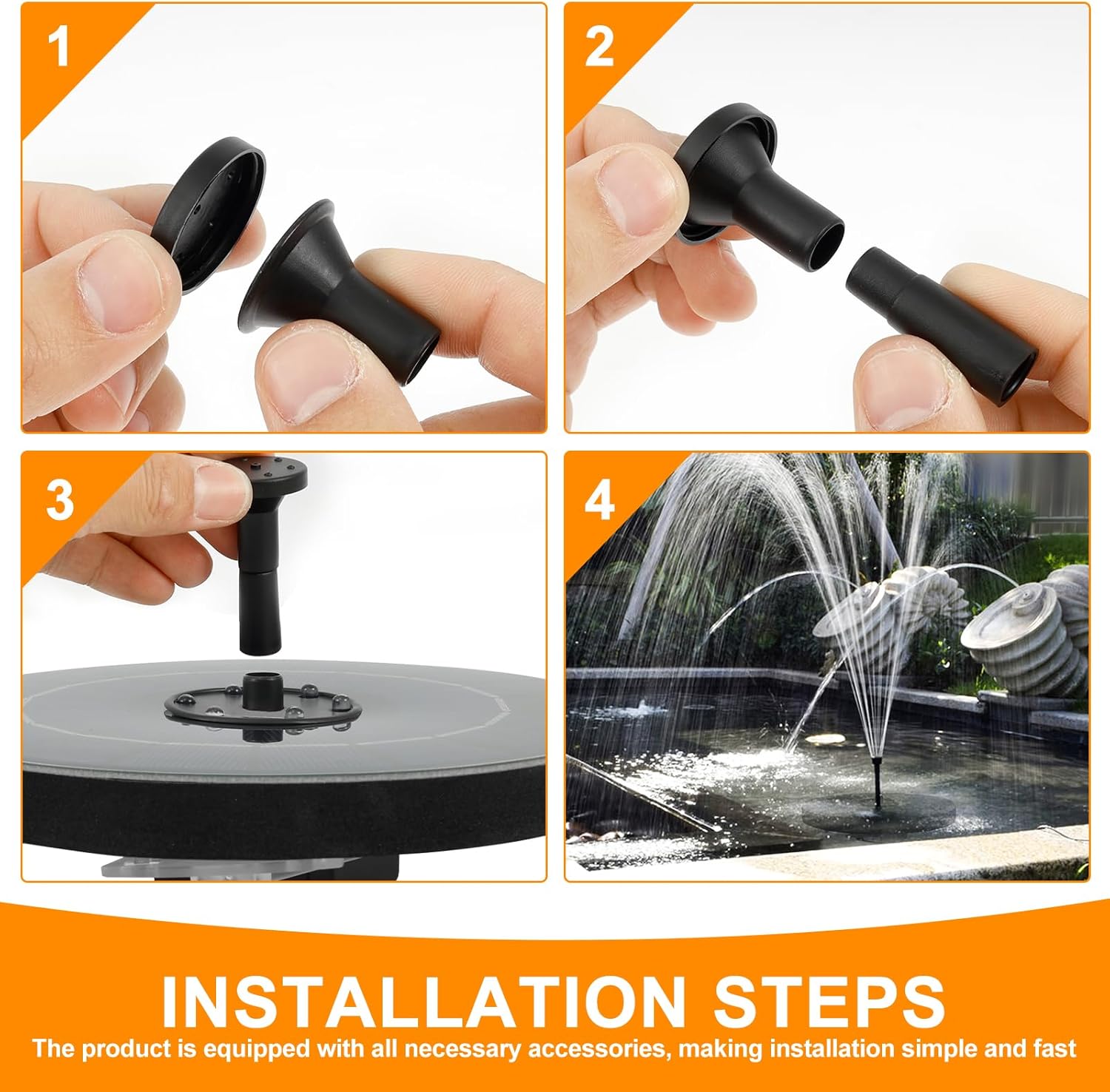 Four-step visual guide for installing the solar fountain pump.