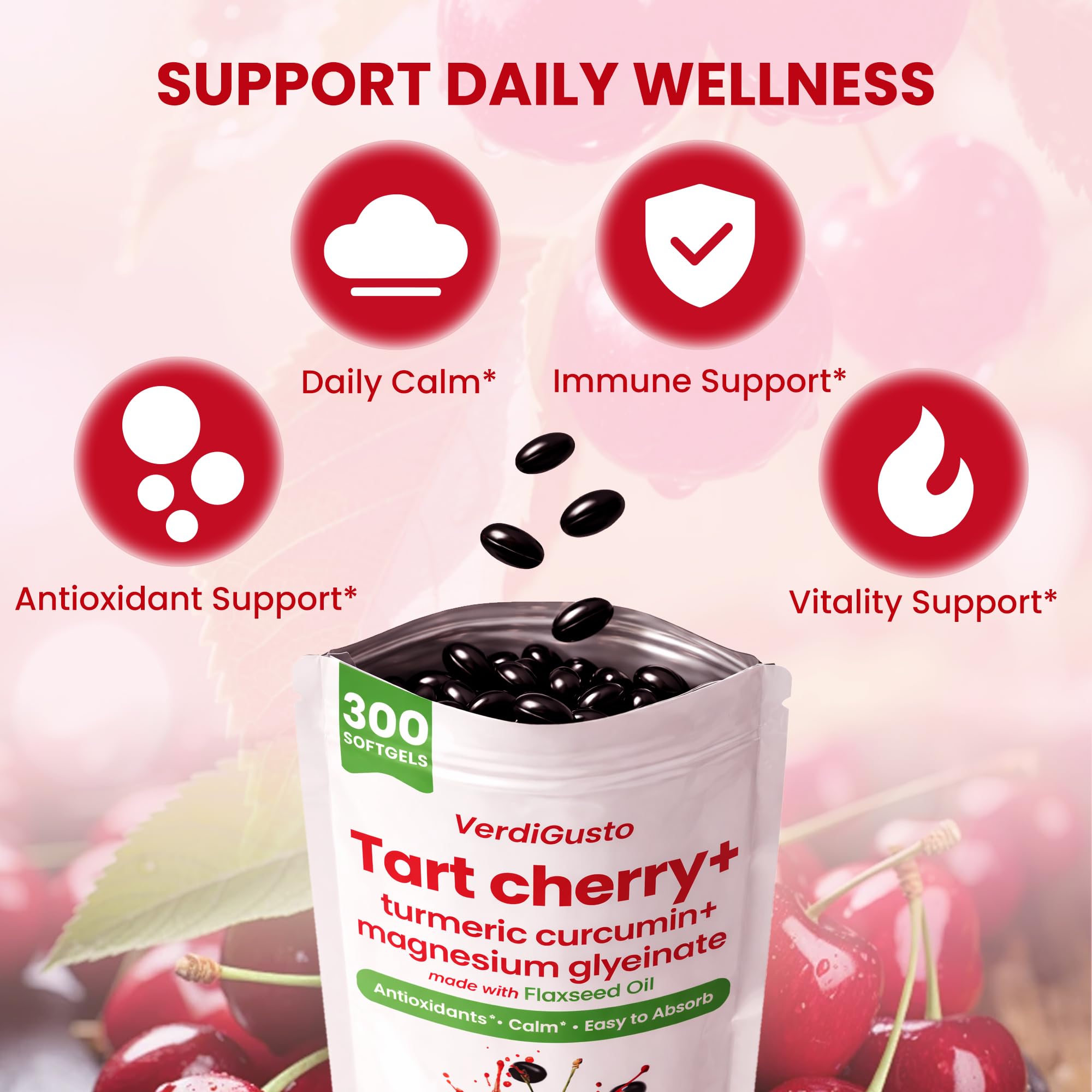 Tart Cherry Softgels | 500mg Cherry Extract Supplement | 300 Count | Magnesium Glycinate & Turmeric | Antioxidant Support | Tart Cherry Supplement with Flaxseed Oil | Gluten Free, Non-GMO, Soy Free — Amazon image 4