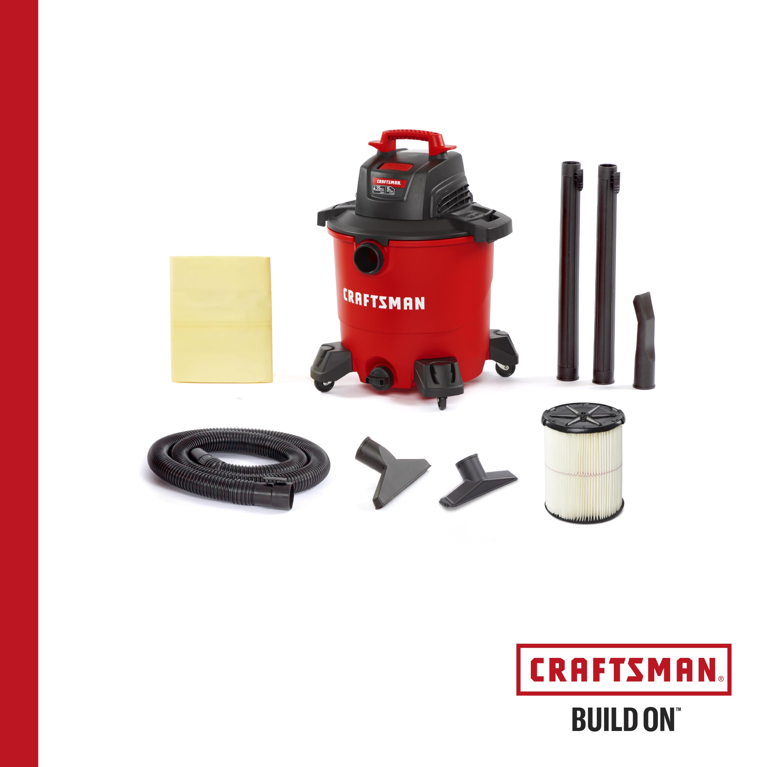 CRAFTSMAN CMXEVBE17590 Przenośny odkurzacz warsztatowy do pracy na mokro i sucho, pojemność 34 l, moc szczytowa 4,25 KM, z filtrem, workiem na kurz, wężem i akcesoriami, do domu, garażu i samochodu