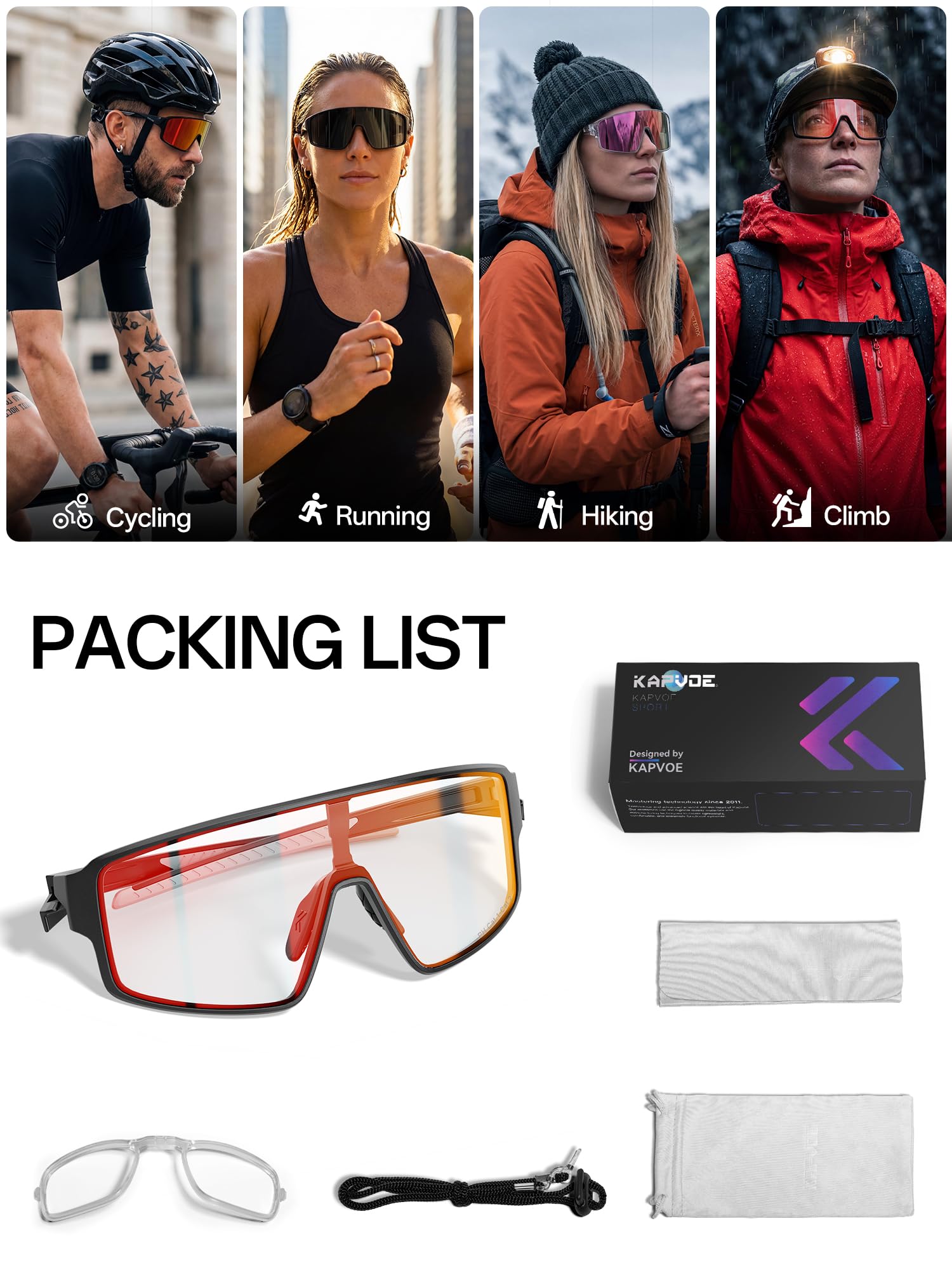 KAPVOE K473 Lunettes de Cyclisme Photochromiques et Colorées pour Hommes et Femmes, Lunettes de Soleil Sportives UV400 Baseball VTT